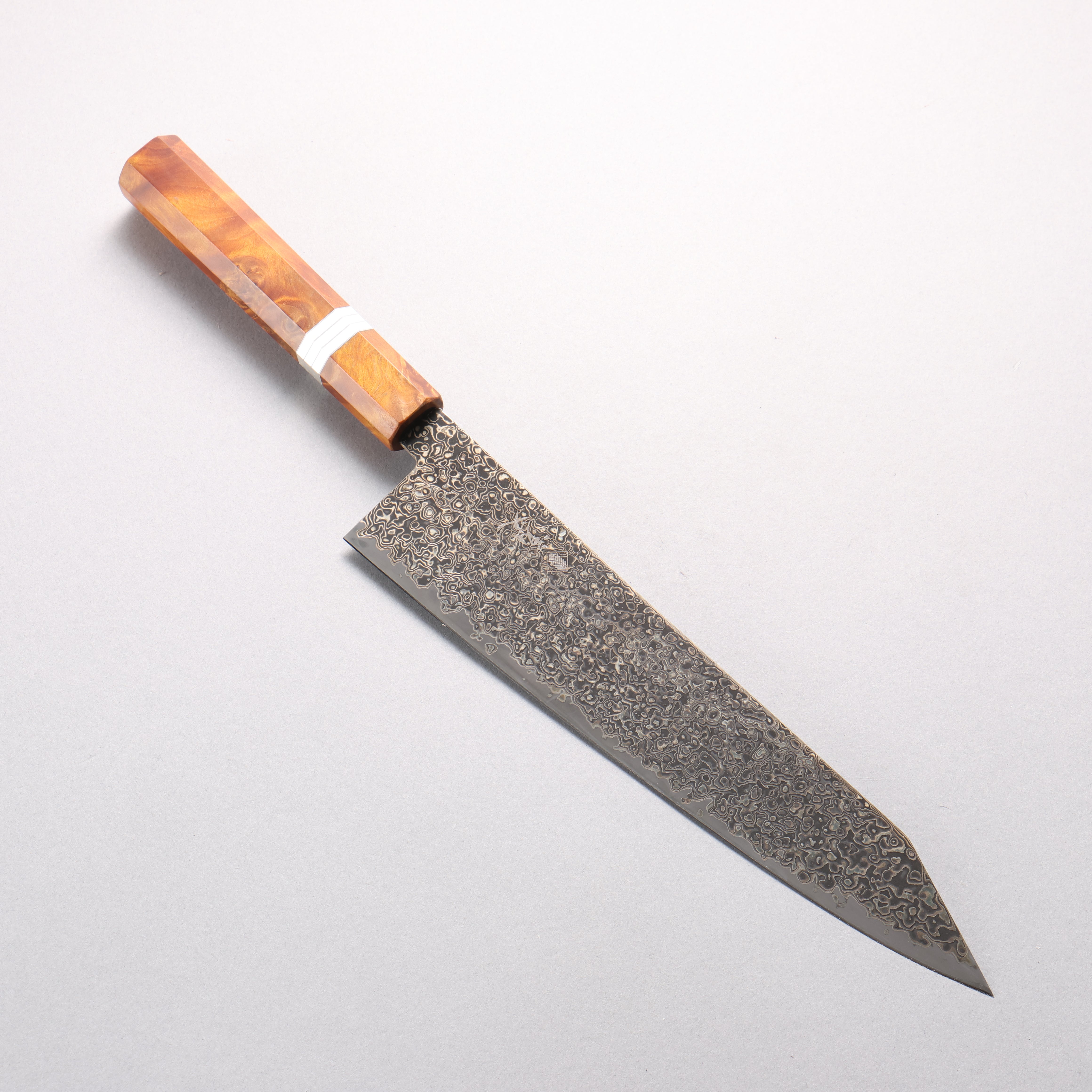 Kanjyo SG2 Black Damascus Kiritsuke Gyuto 240mm Brown Stabilized Wood & Silver Rings Handle - Seisuke Knife