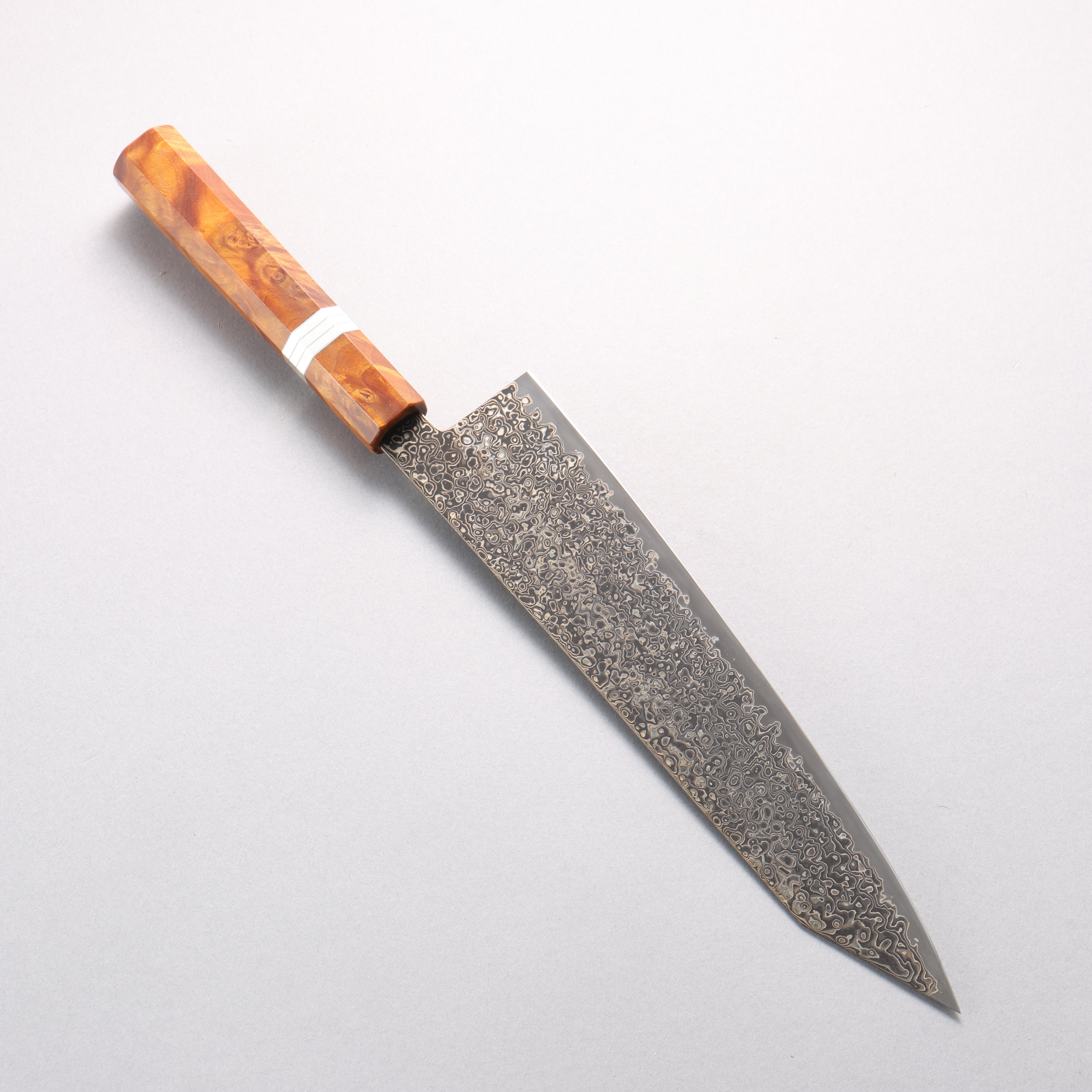 Kanjyo SG2 Black Damascus Kiritsuke Gyuto 240mm Brown Stabilized Wood & Silver Rings Handle - Seisuke Knife