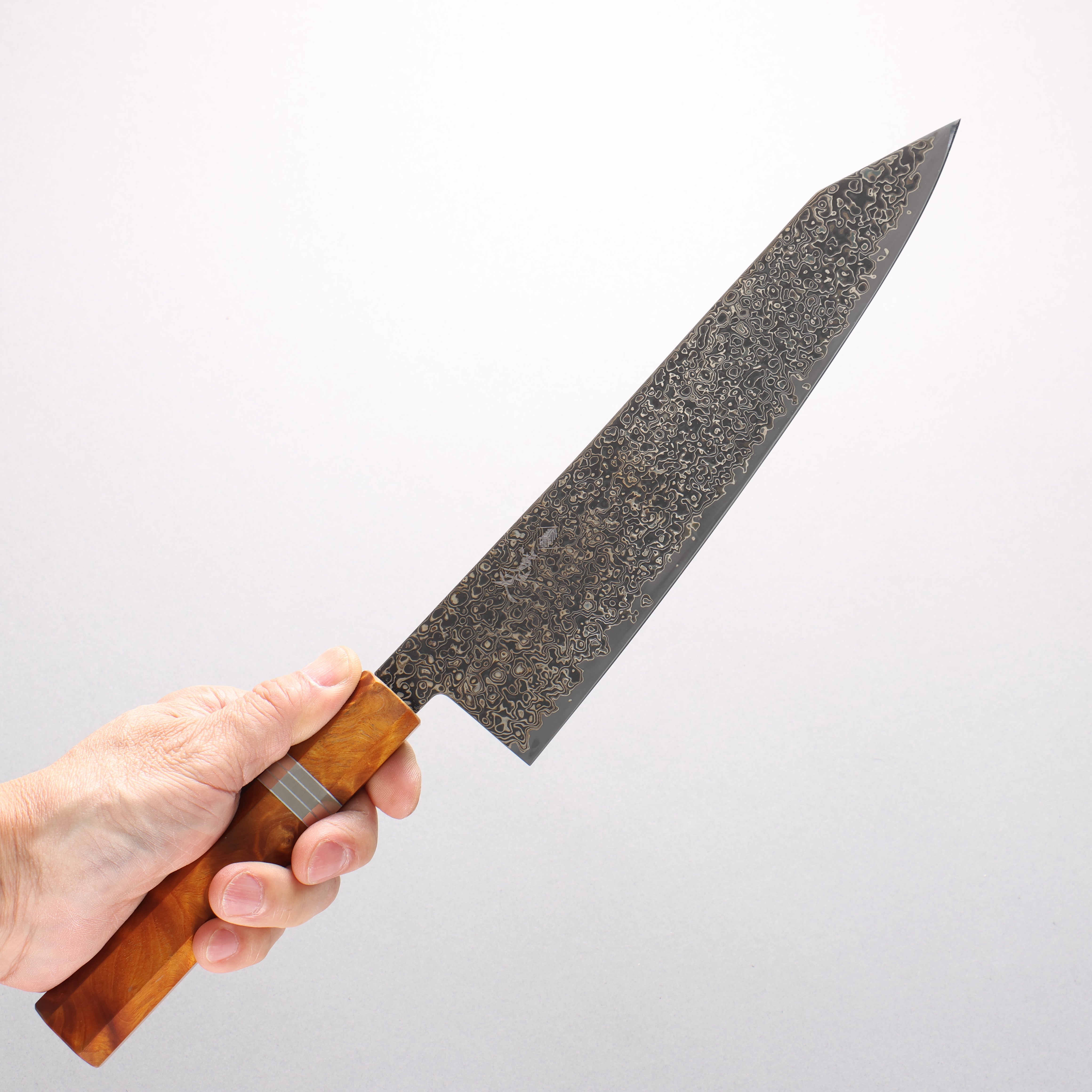 Kanjyo SG2 Black Damascus Kiritsuke Gyuto 240mm Brown Stabilized Wood & Silver Rings Handle - Seisuke Knife