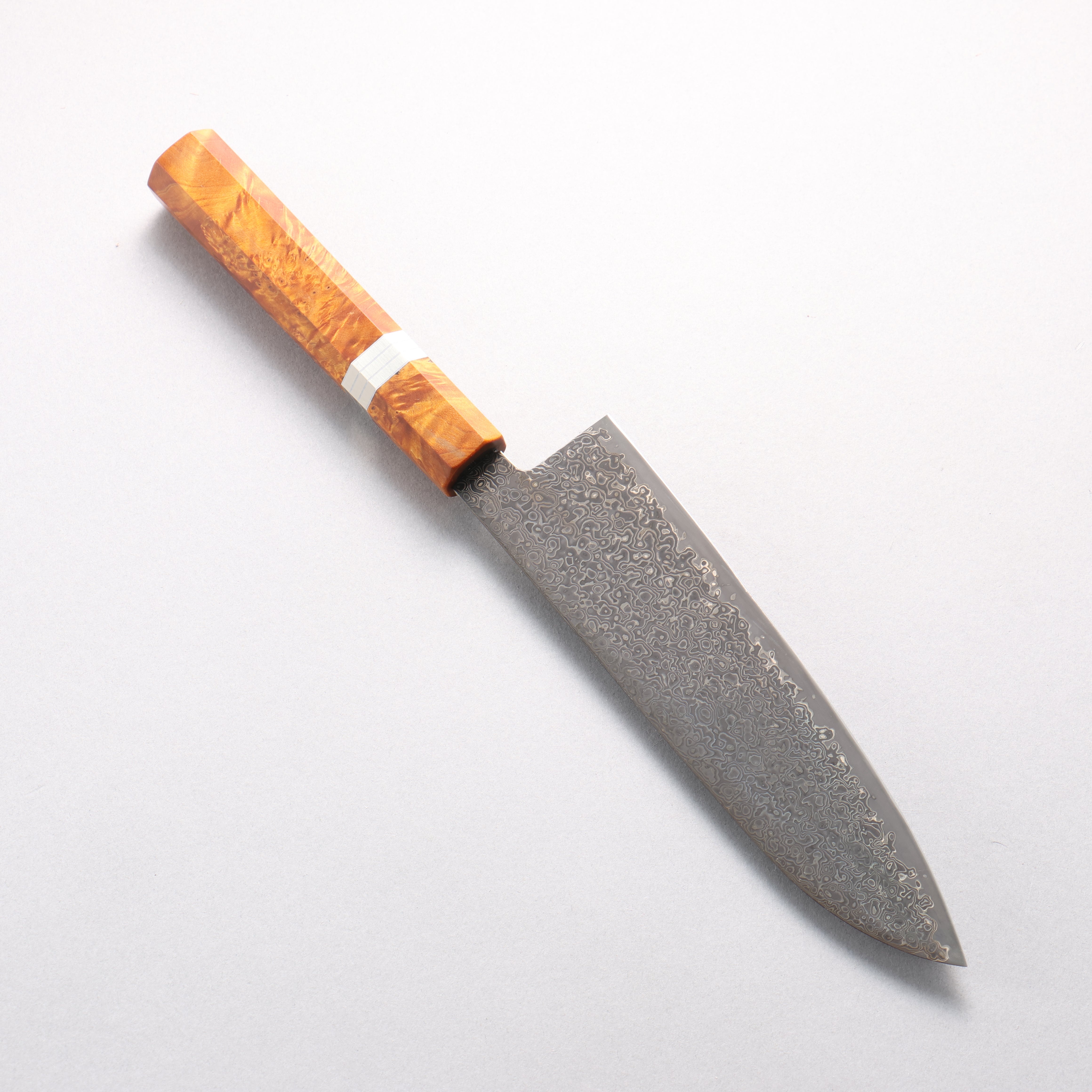 Kanjyo SG2 Black Damascus Santoku 180mm Brown Stabilized Wood & Silver Rings Handle - Seisuke Knife