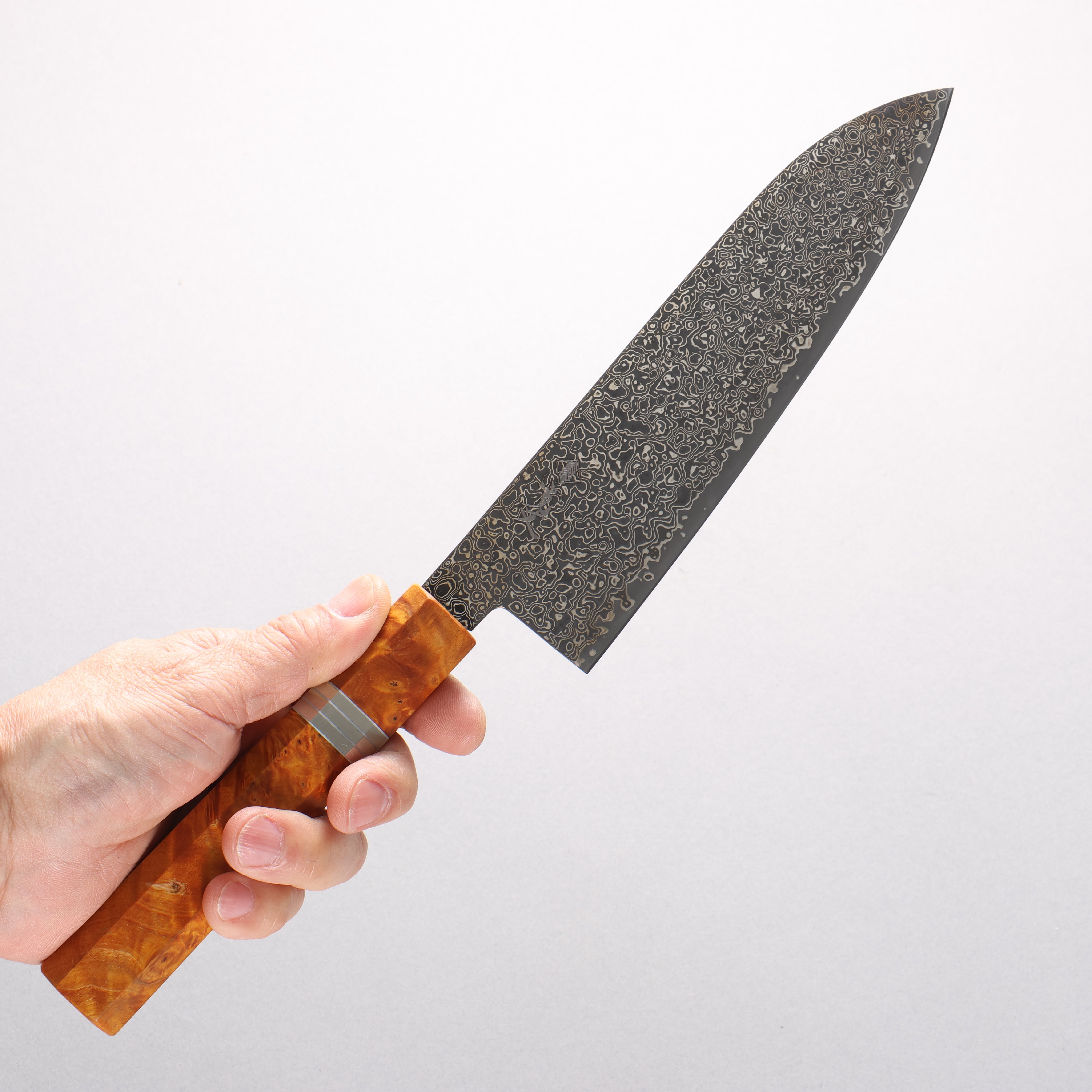 Kanjyo SG2 Black Damascus Santoku 180mm Brown Stabilized Wood & Silver Rings Handle - Seisuke Knife