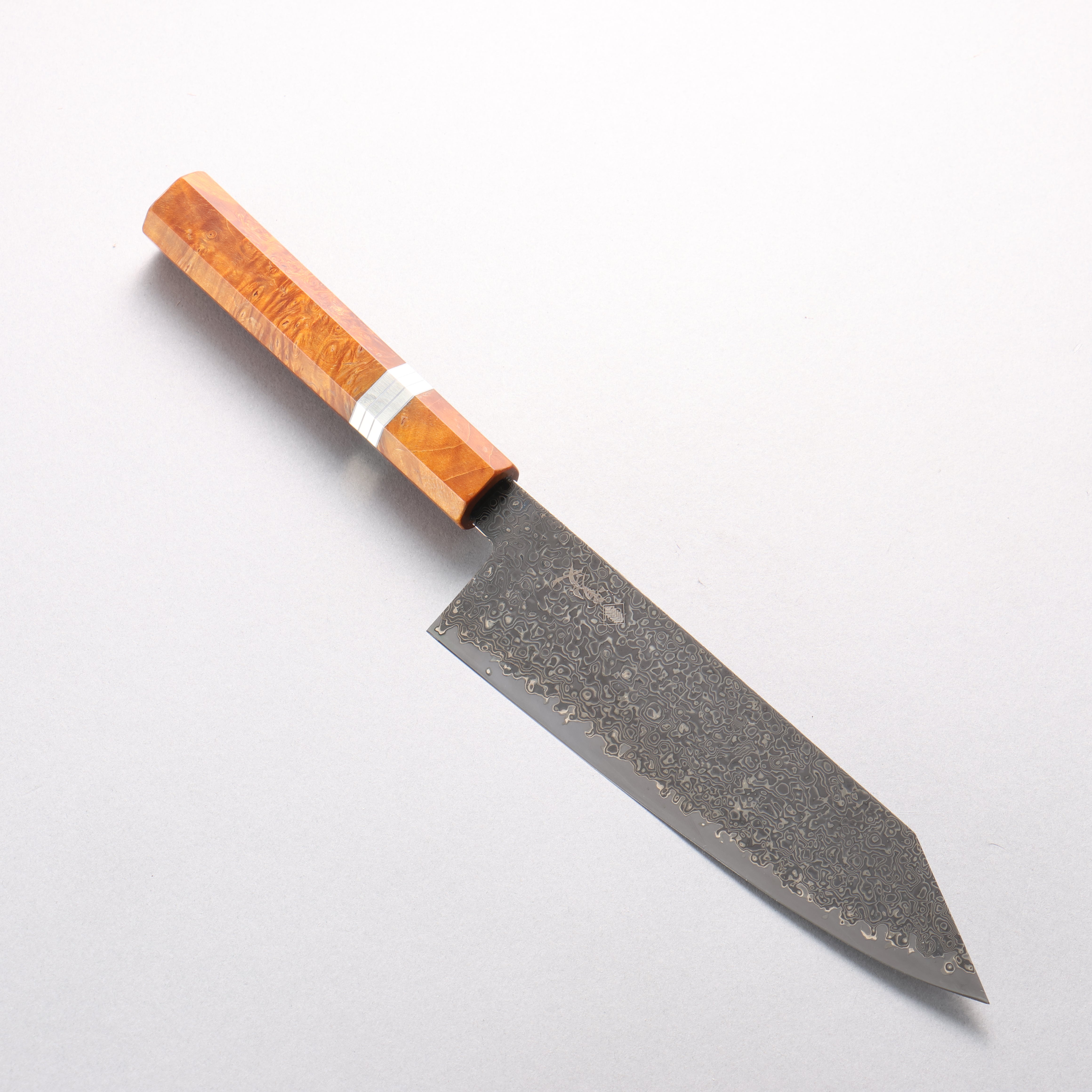 Kanjyo SG2 Black Damascus Kiritsuke Santoku 180mm Brown Stabilized Wood & Silver Rings Handle - Seisuke Knife