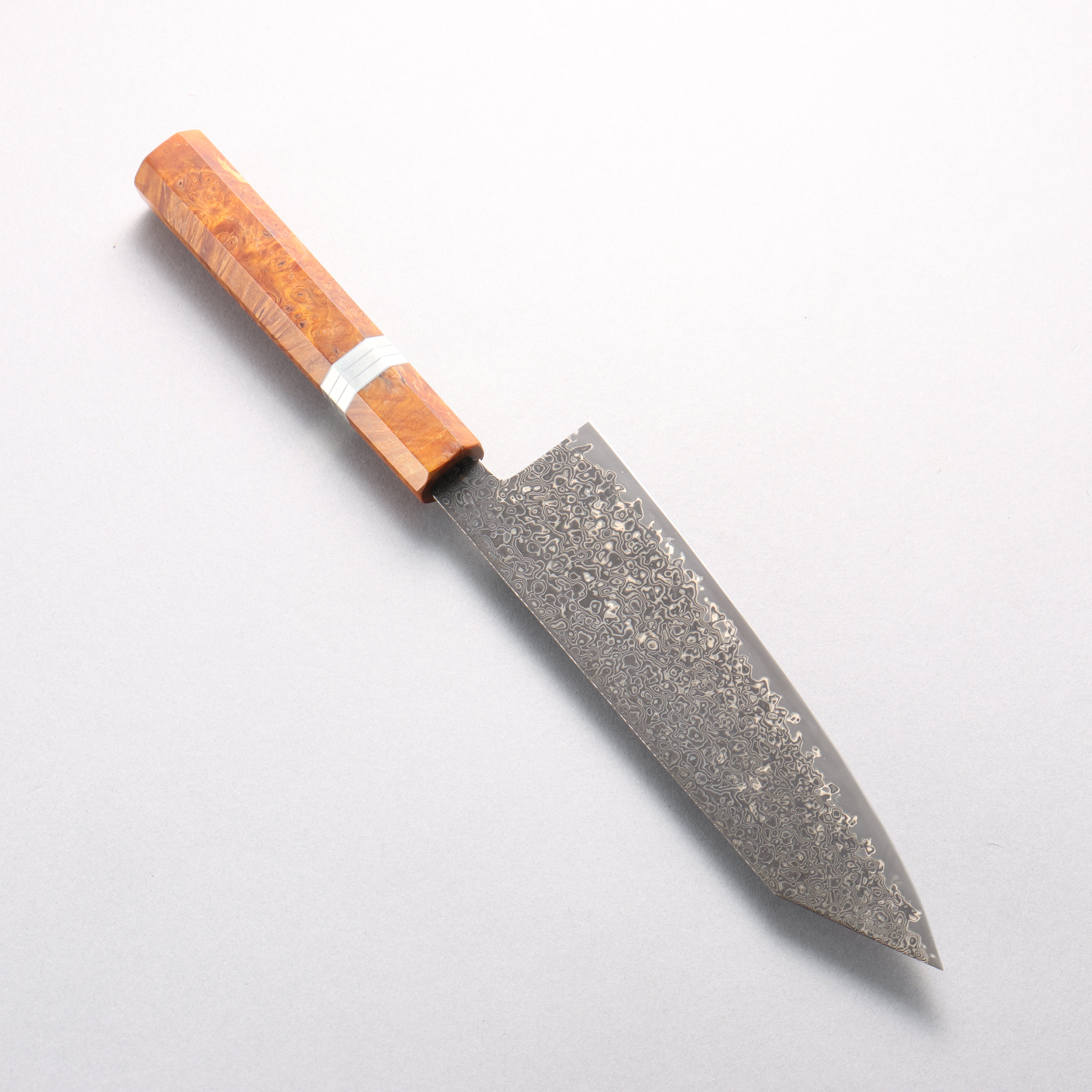 Kanjyo SG2 Black Damascus Kiritsuke Santoku 180mm Brown Stabilized Wood & Silver Rings Handle - Seisuke Knife