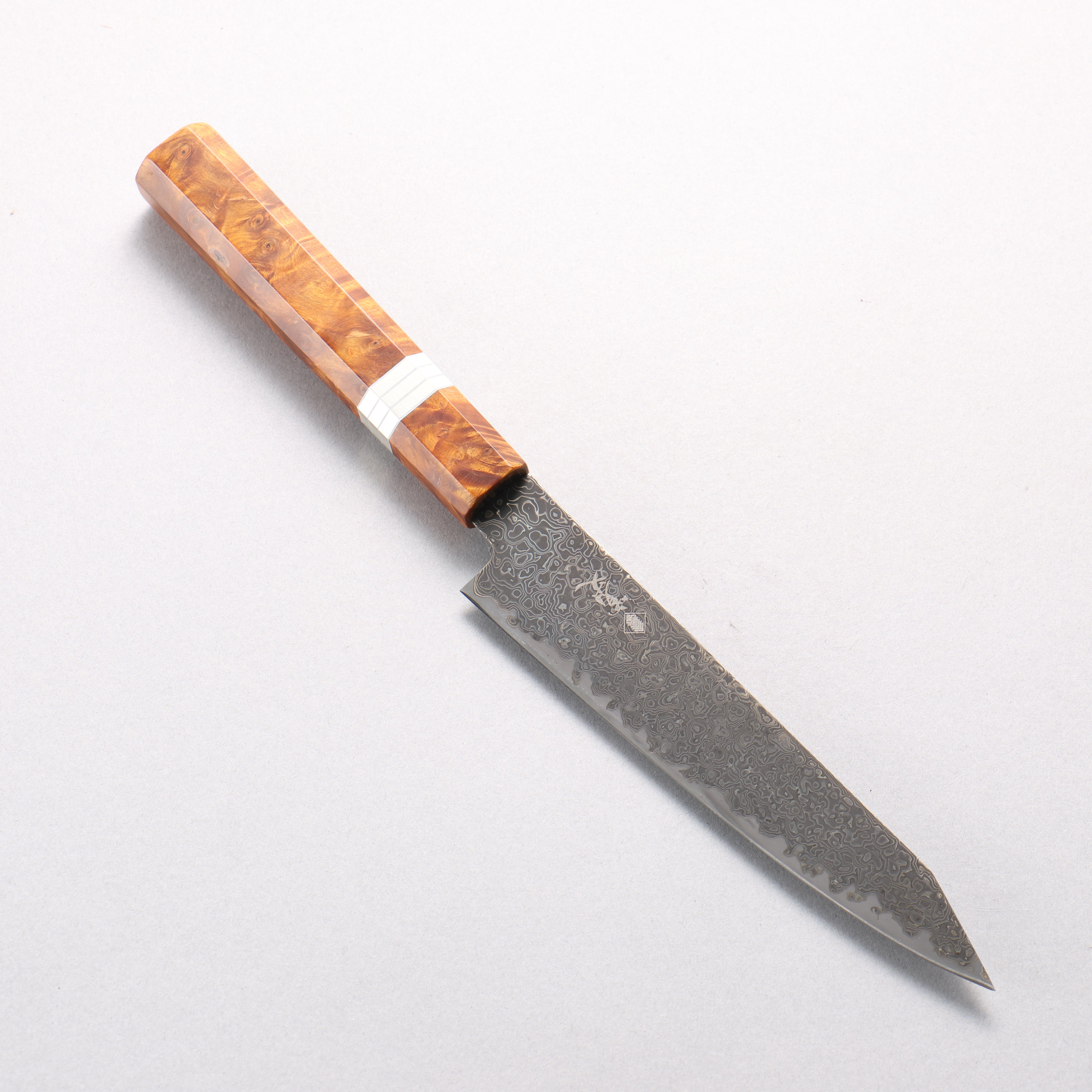 Kanjyo SG2 Black Damascus Kiritsuke Petty-Utility 150mm Brown Stabilized Wood & Silver Ring Handle - Seisuke Knife