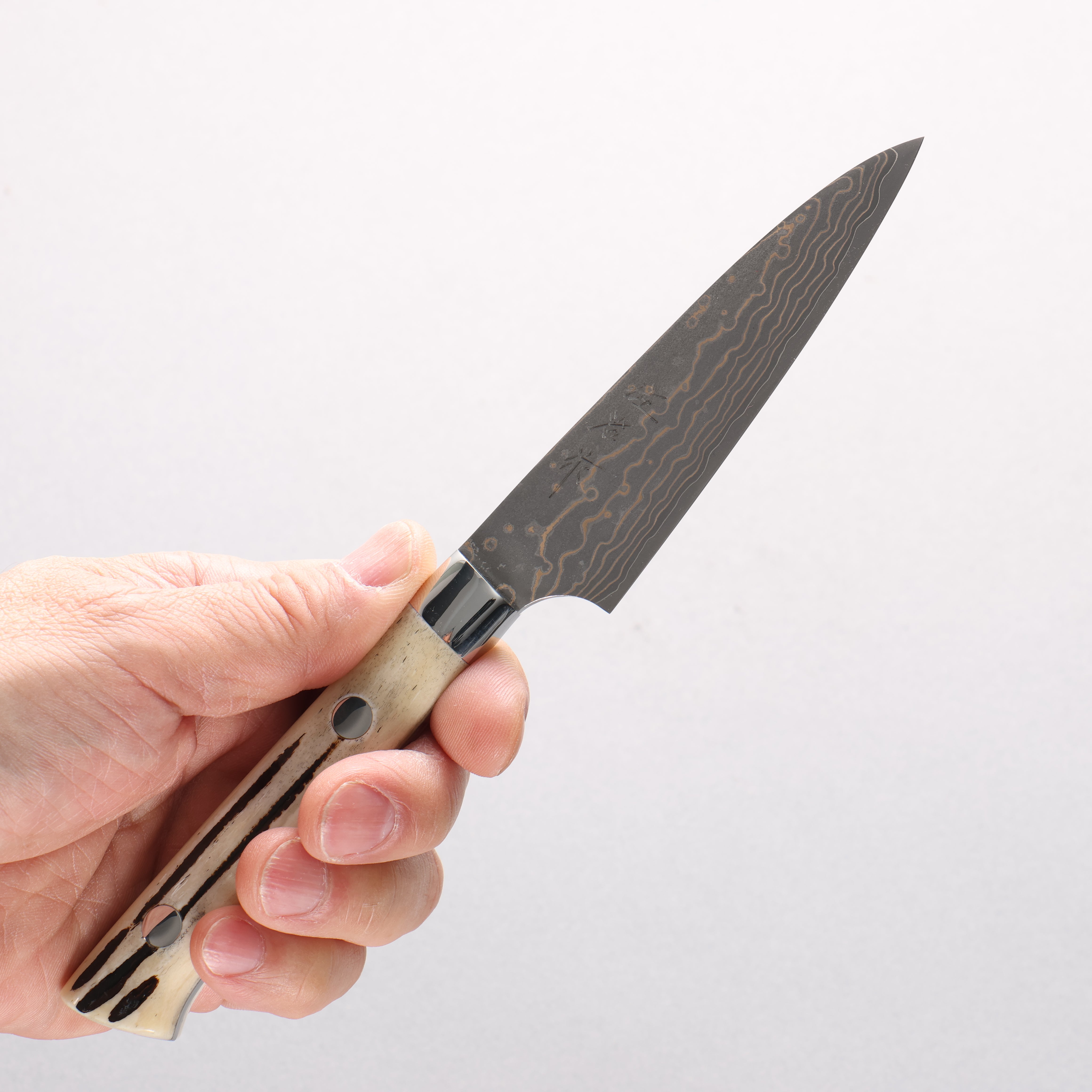 Takeshi Saji VG10w Damascus Gold Colored Paring 90mm White Deer Horn Handle - Seisuke Knife