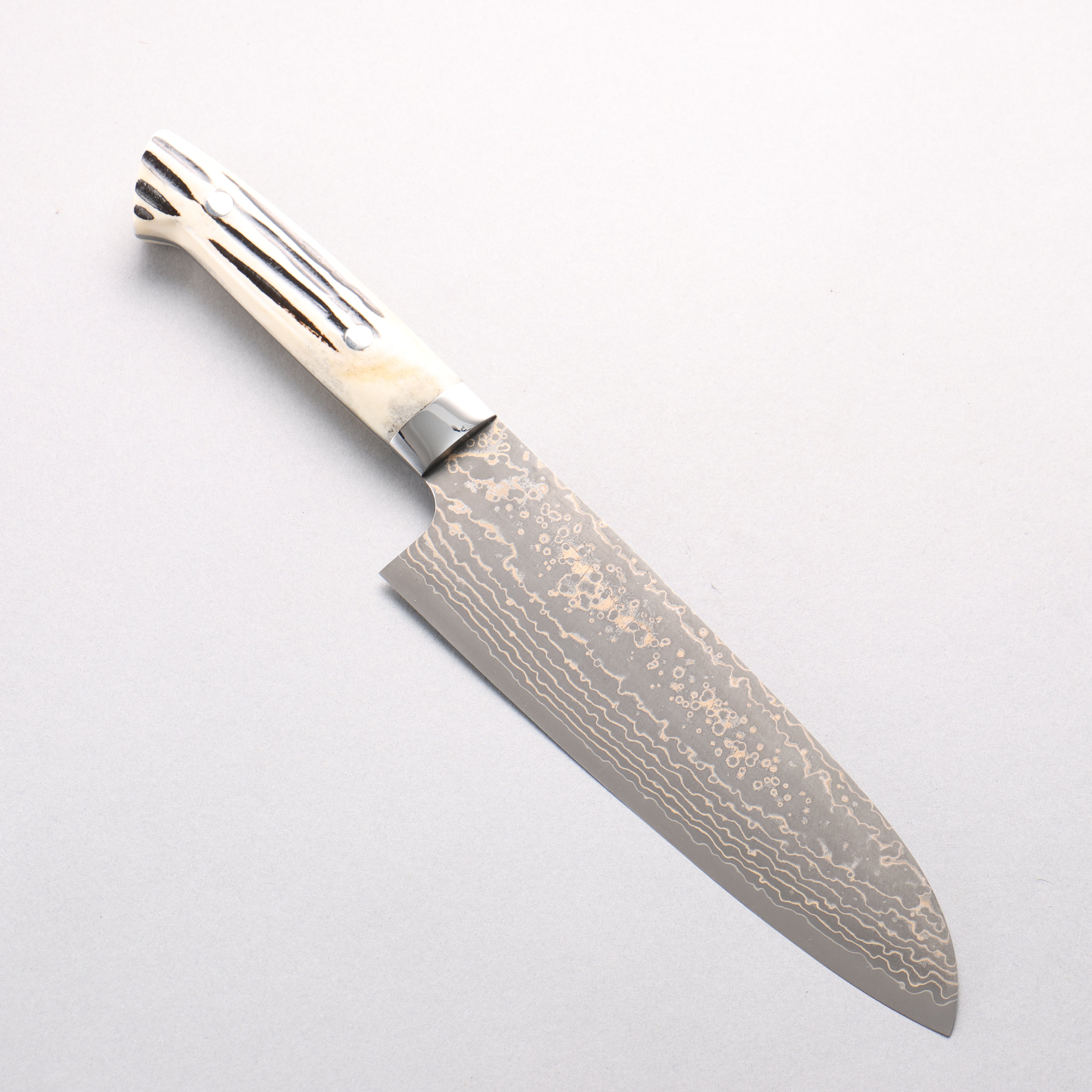 Takeshi Saji VG10w Damascus Gold Colored Santoku 180mm White Deer Horn Handle - Seisuke Knife