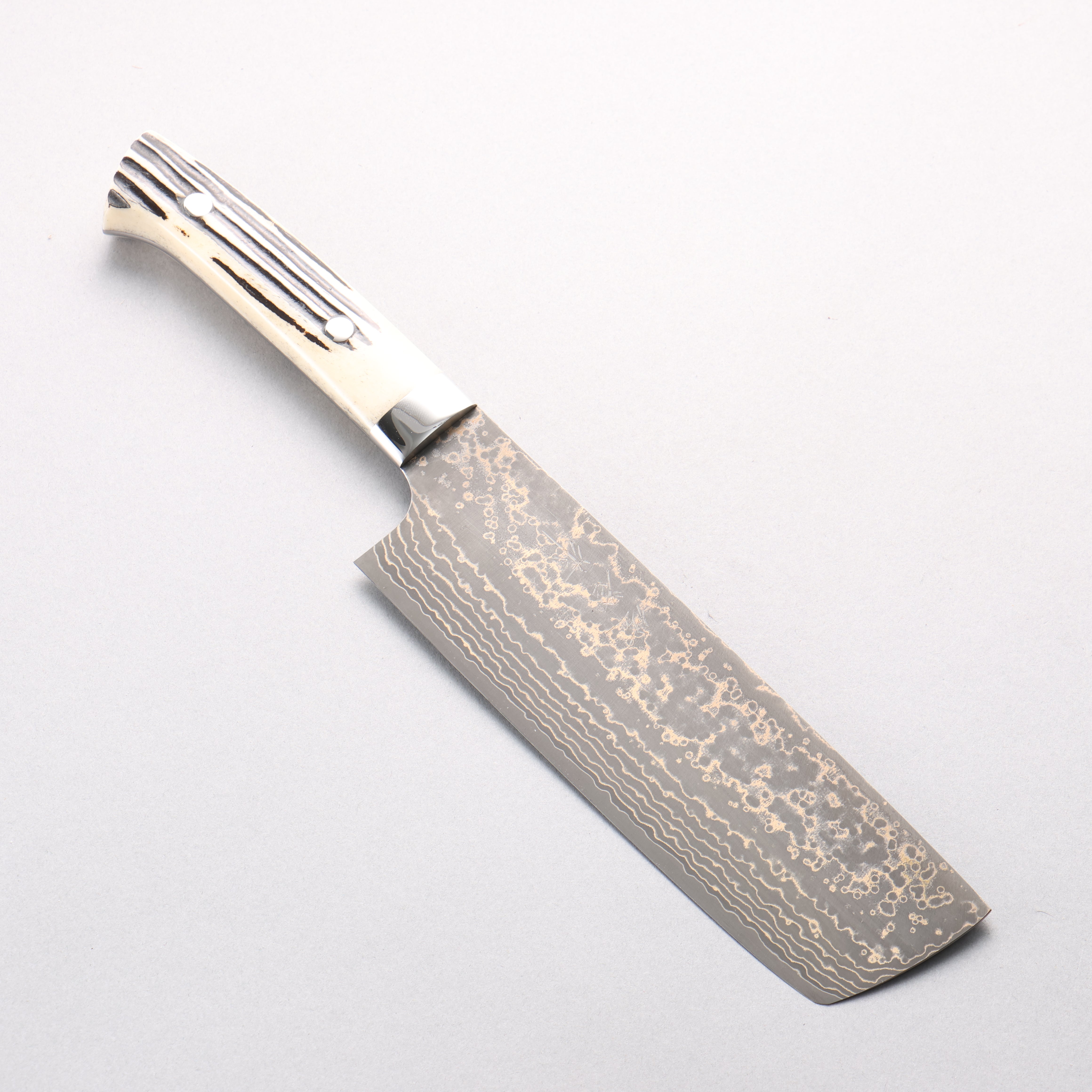 Takeshi Saji VG10w Damascus Gold Colored Nakiri 165mm White Deer Horn Handle - Seisuke Knife