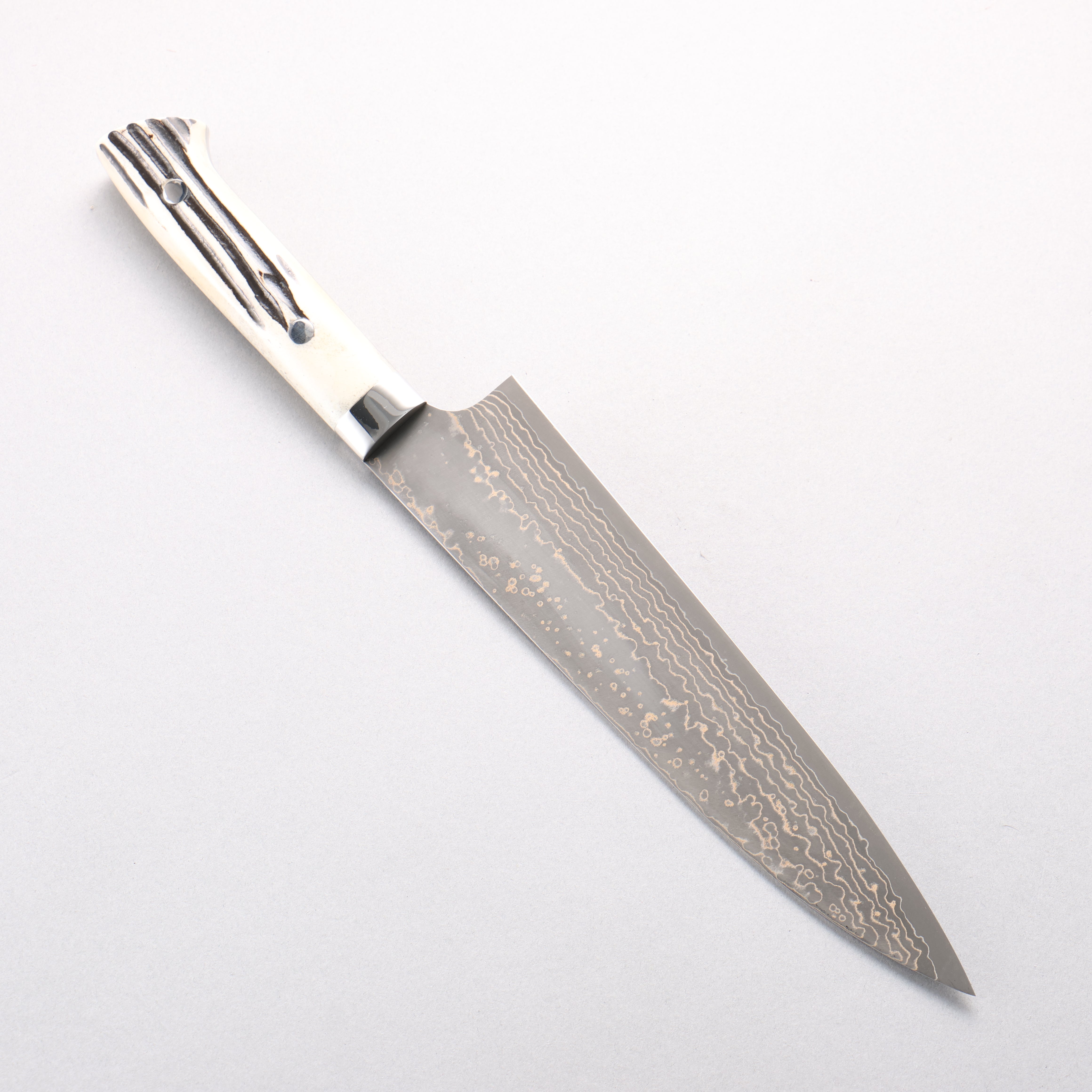 Takeshi Saji VG10w Damascus Gold Colored Gyuto 210mm White Deer Horn Handle - Seisuke Knife