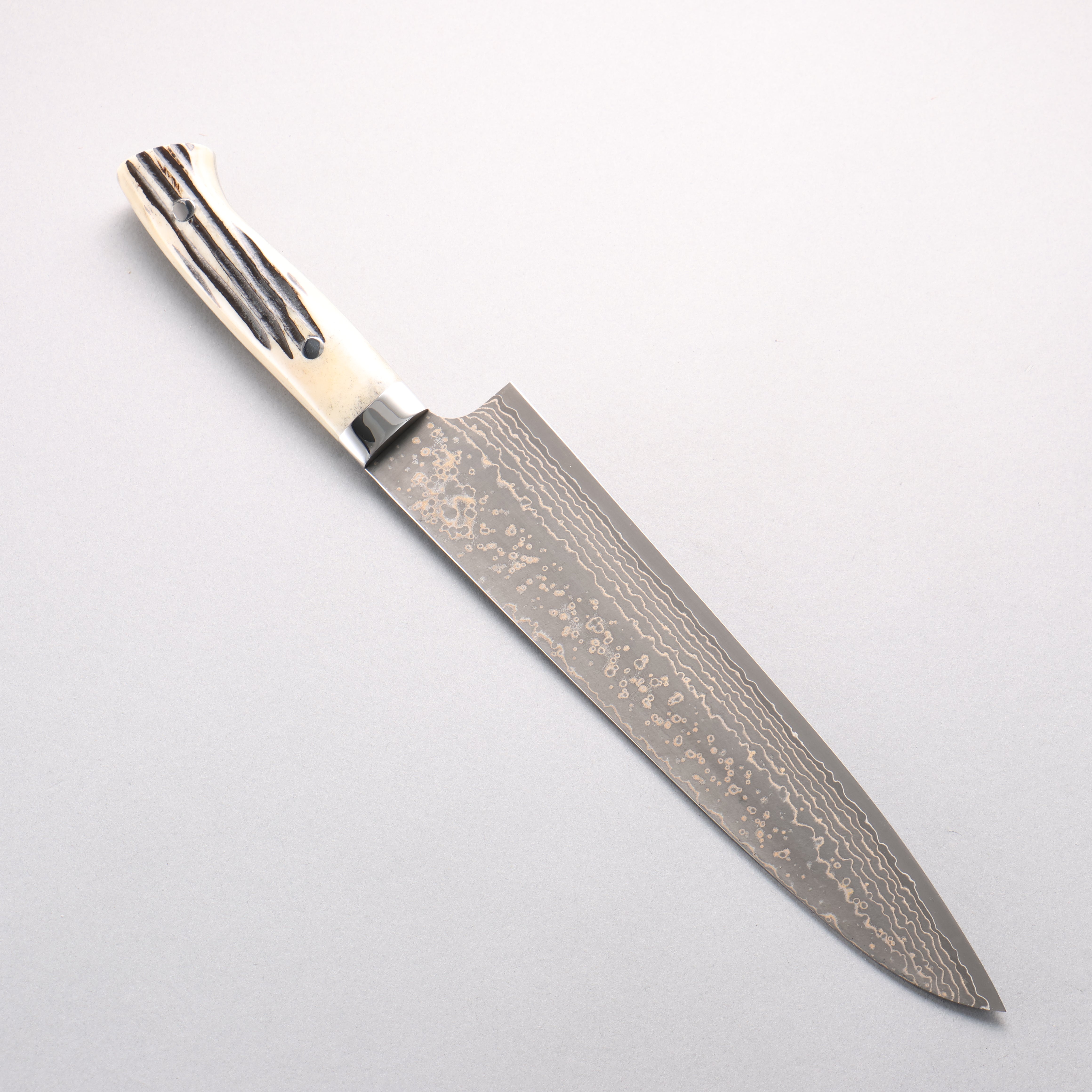 Takeshi Saji VG10w Damascus Gold Colored Gyuto 240mm White Deer Horn Handle - Seisuke Knife