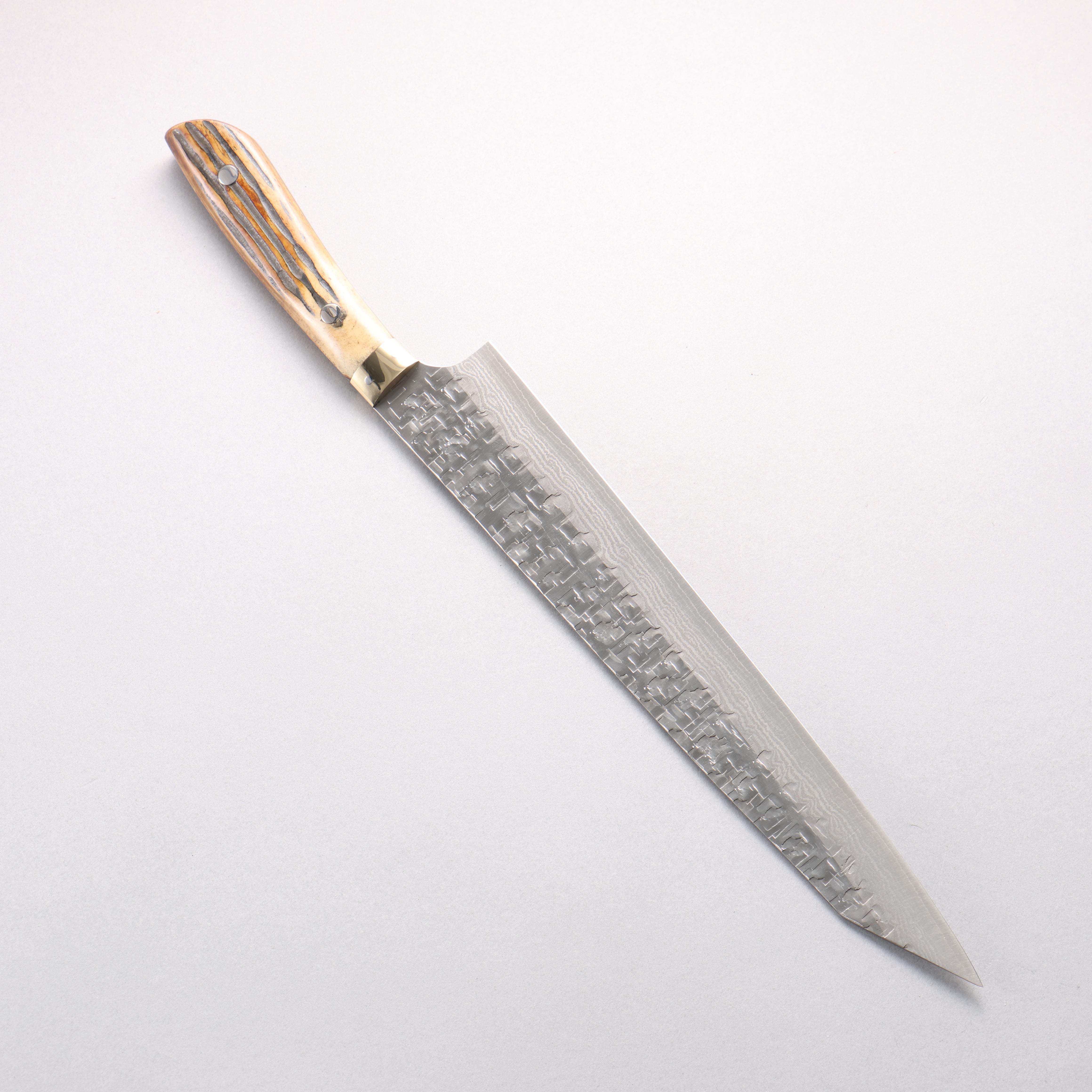 Takeshi Saji SRS13 Hammered Damascus Cross Kiritsuke Sujihiki 270mm Brown Deer Horn Handle - Seisuke Knife