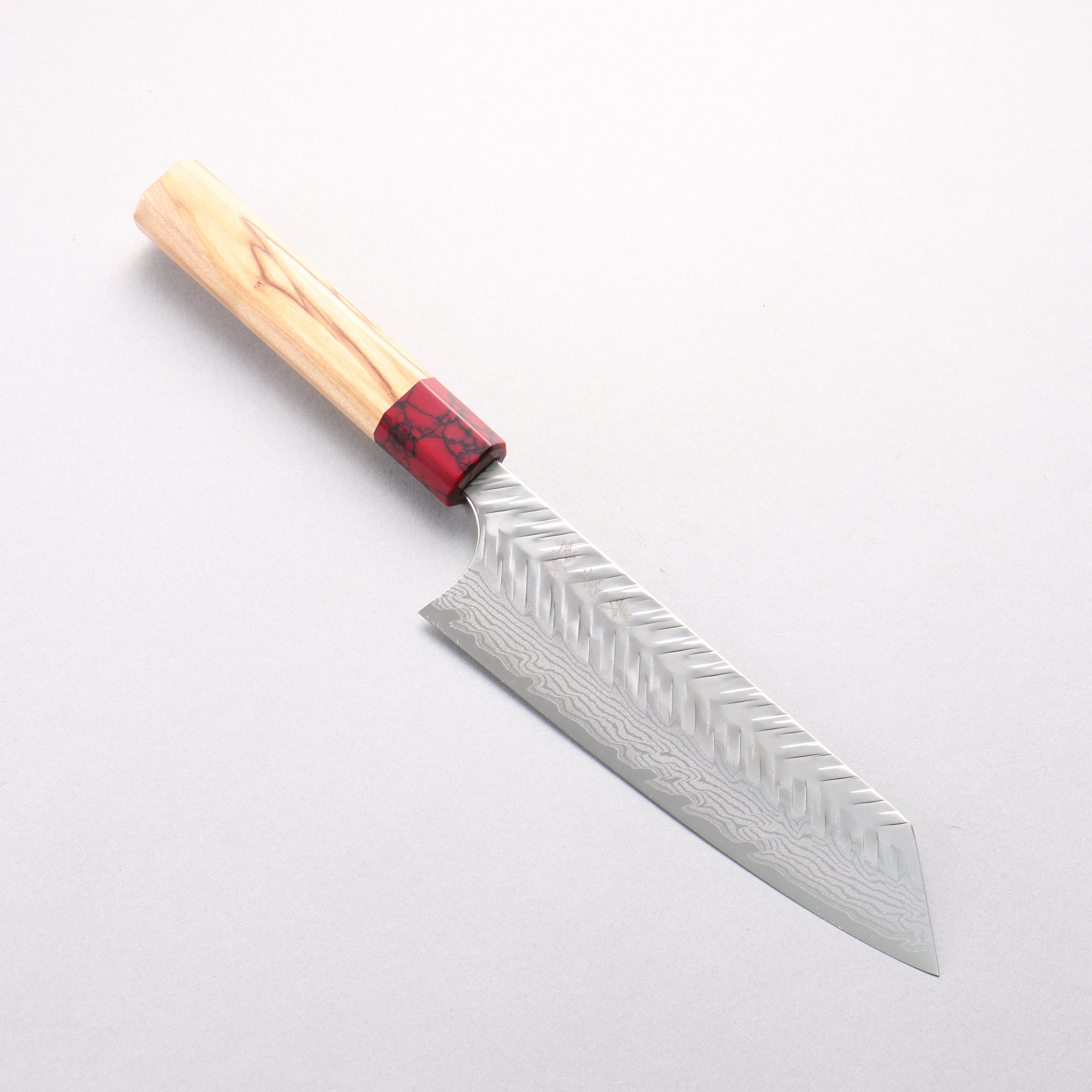 Yoshimi Kato VG-XEOS Damascus V-Hammered Bunka 170mm Olive Wood & Red Turquoise Handle - Seisuke Knife