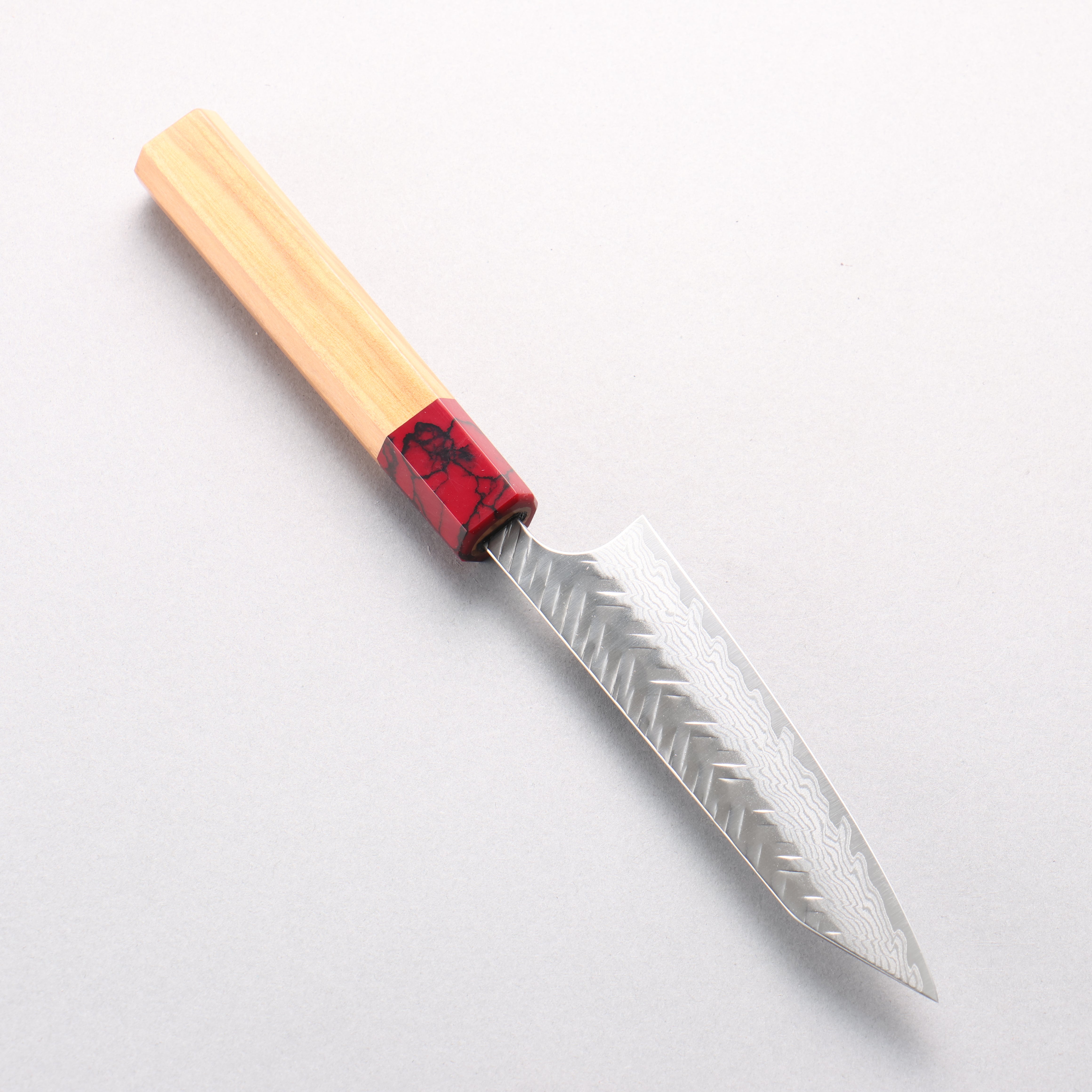Yoshimi Kato VG-XEOS Damascus V-Hammered Kiritsuke Petty-Utility 120mm Olive Wood & Red Turquoise Handle - Seisuke Knife