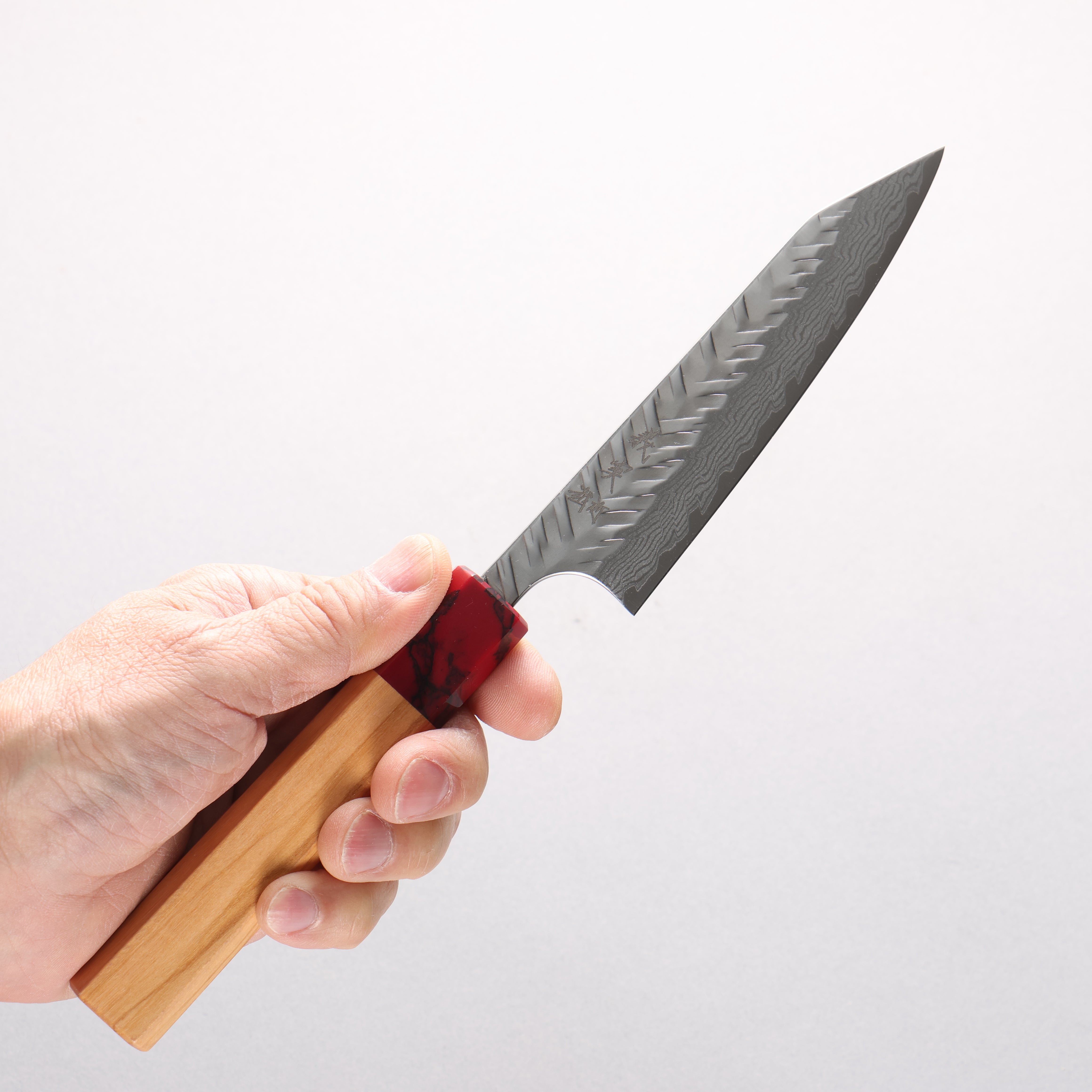 Yoshimi Kato VG-XEOS Damascus V-Hammered Kiritsuke Petty-Utility 120mm Olive Wood & Red Turquoise Handle - Seisuke Knife