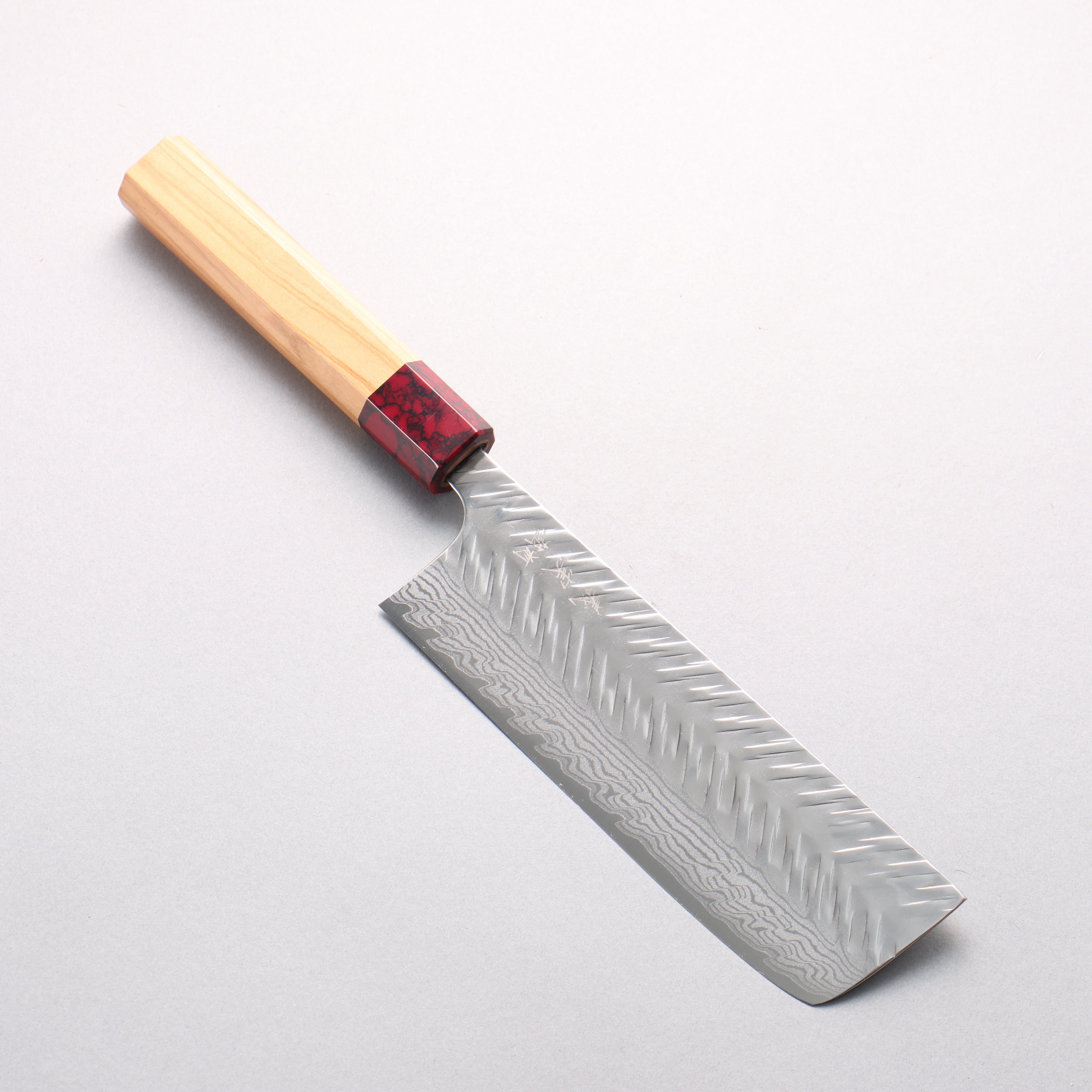 Yoshimi Kato VG-XEOS Damascus V-Hammered Nakiri 165mm Olive Wood & Red Turquoise Handle - Seisuke Knife