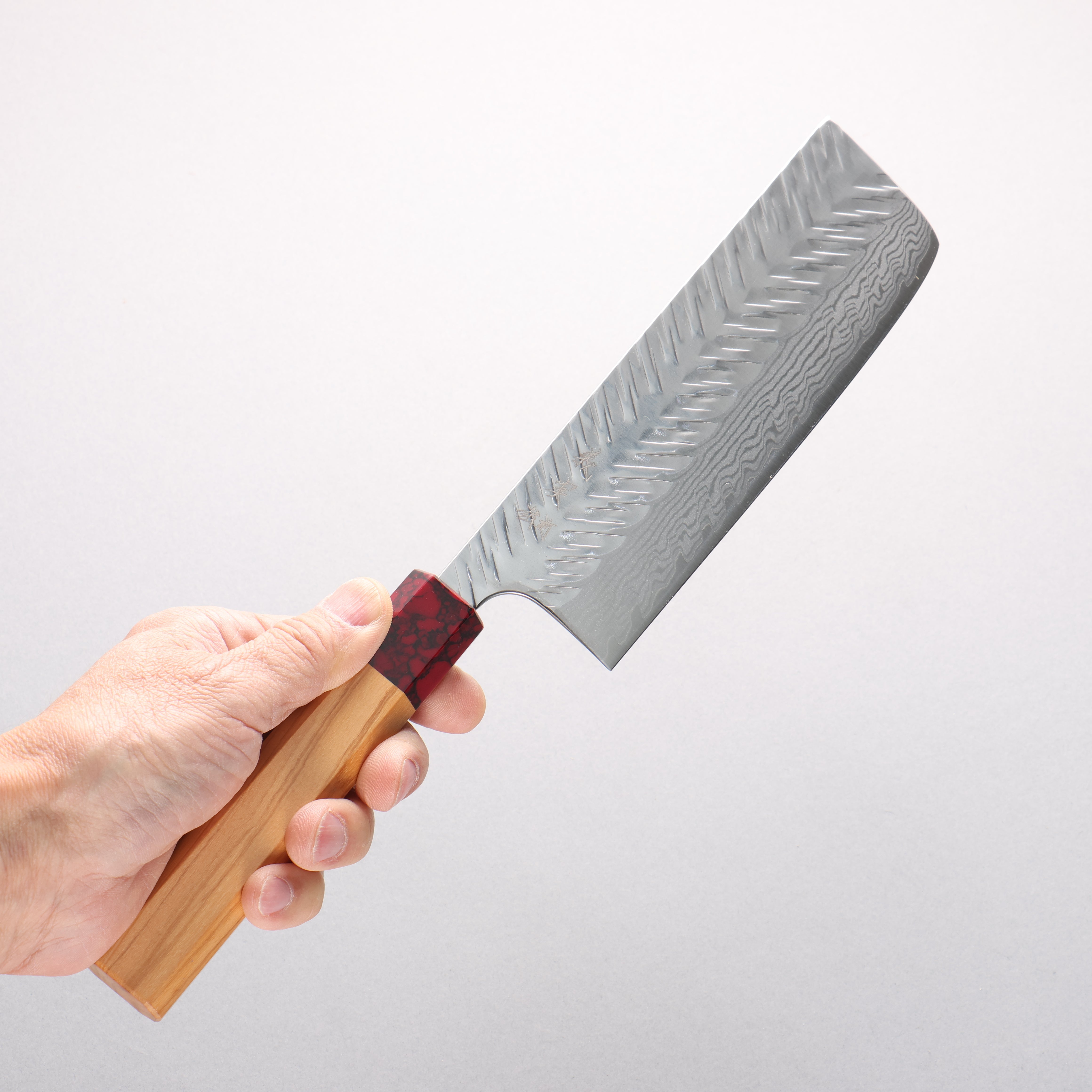 Yoshimi Kato VG-XEOS Damascus V-Hammered Nakiri 165mm Olive Wood & Red Turquoise Handle - Seisuke Knife