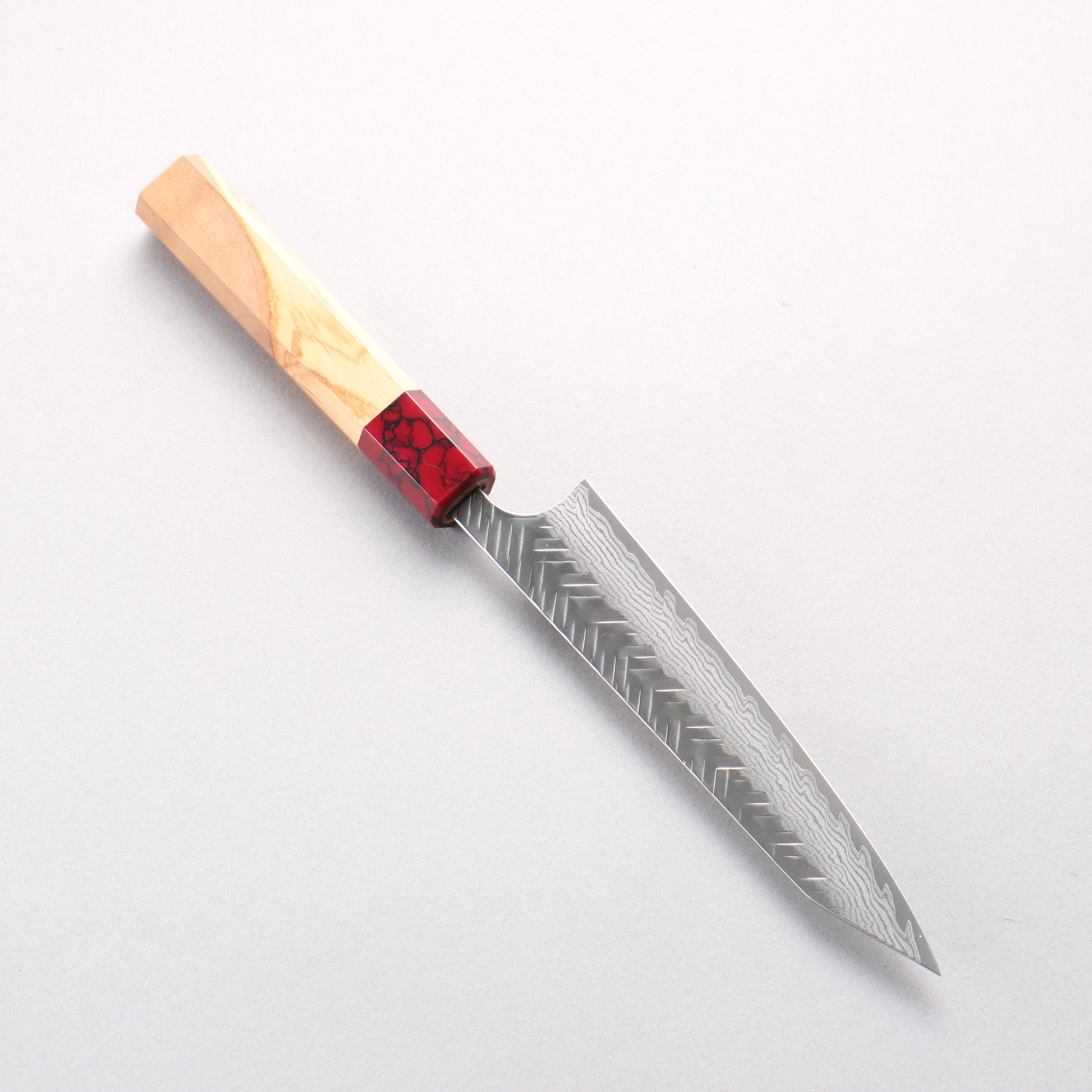Yoshimi Kato VG-XEOS Damascus V-Hammered Kiritsuke Petty-Utility 150mm Olive Wood & Red Turquoise Handle - Seisuke Knife