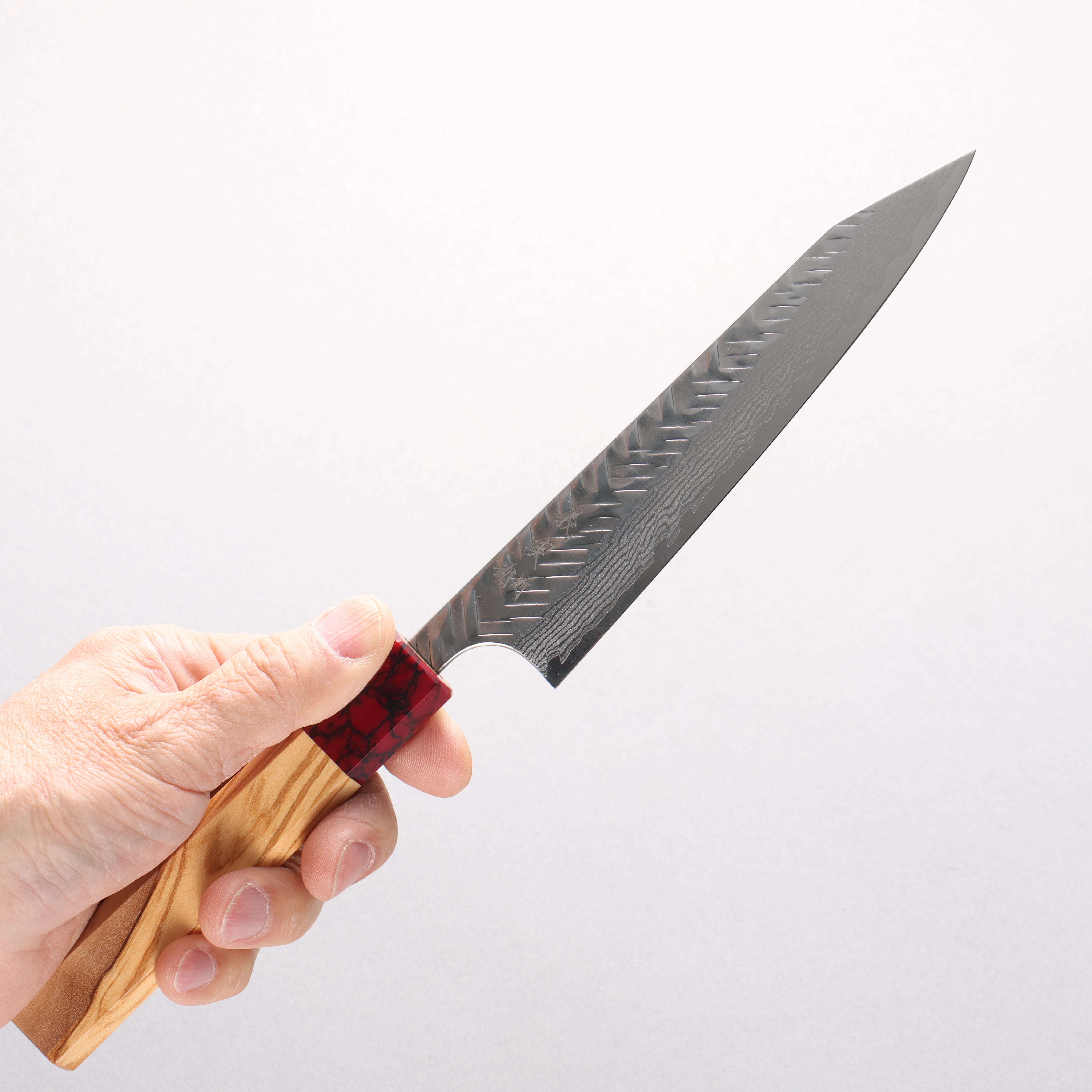 Yoshimi Kato VG-XEOS Damascus V-Hammered Kiritsuke Petty-Utility 150mm Olive Wood & Red Turquoise Handle - Seisuke Knife