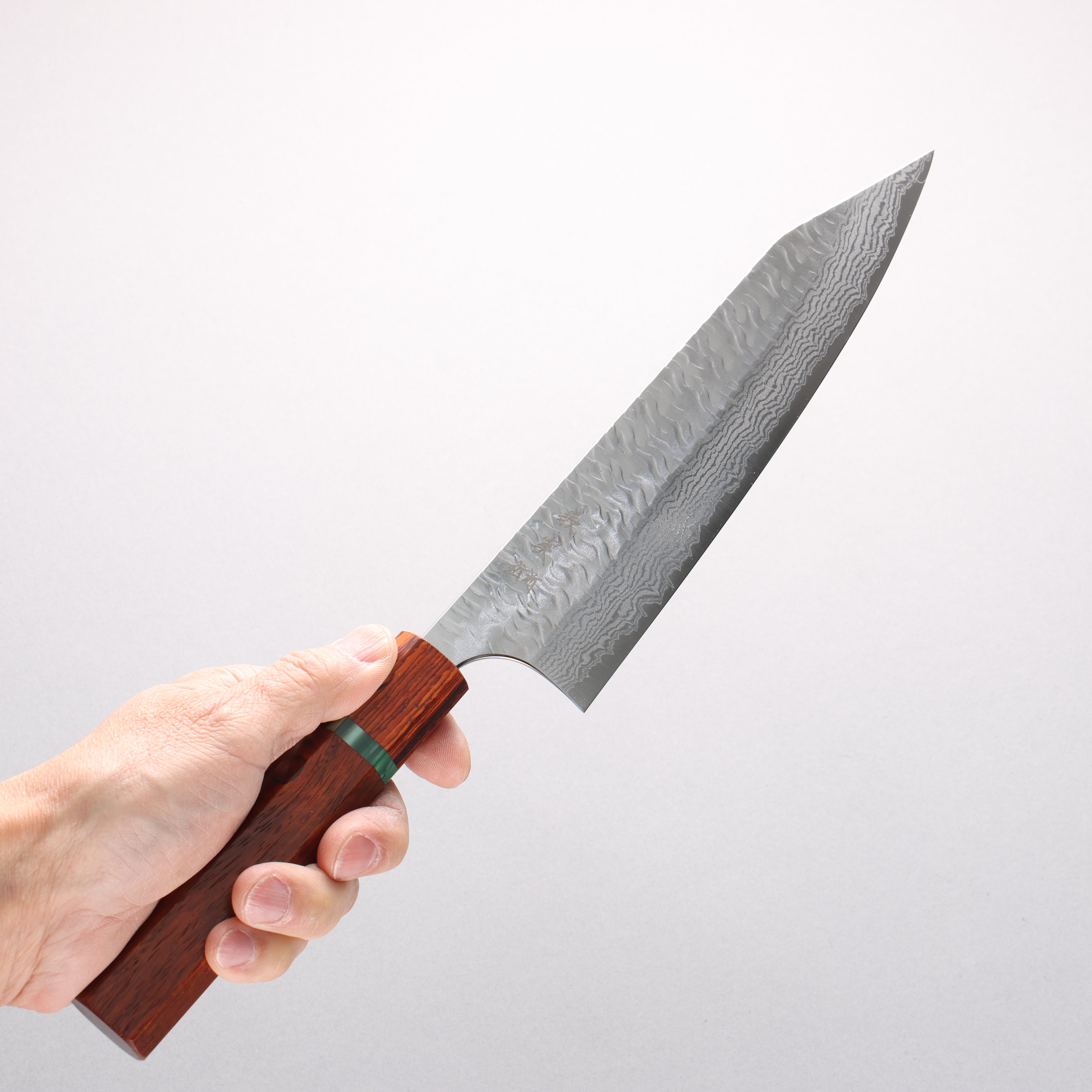 Yoshimi Kato Nami VG-XEOS Hammered Damascus Kiritsuke Gyuto 210mm Cocobolo & Green Ring Handle - Seisuke Knife
