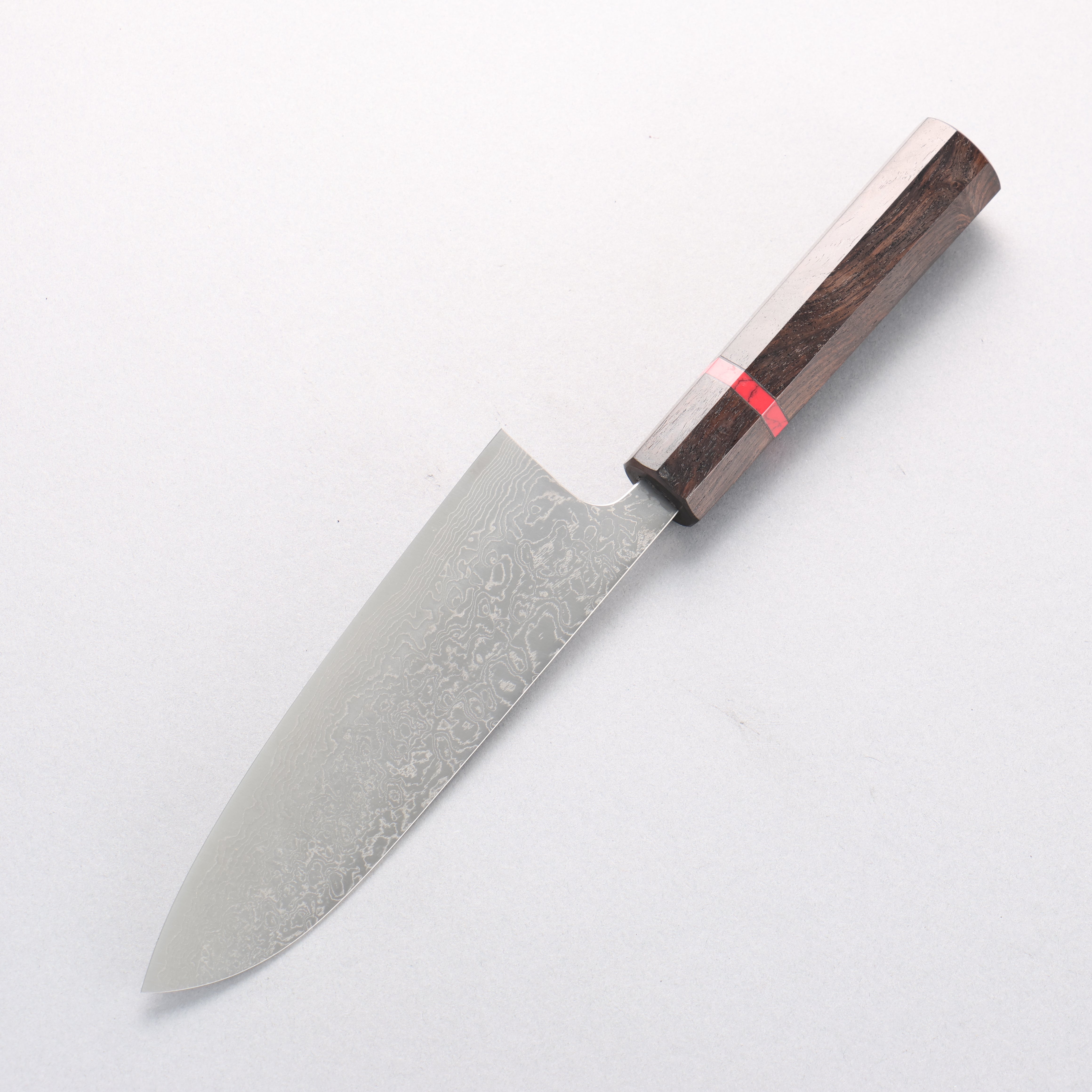 Anryu VG10 Migaki Damascus Small Santoku 150mm Ebony Wood & Red Turquoise Ring Handle - Seisuke Knife