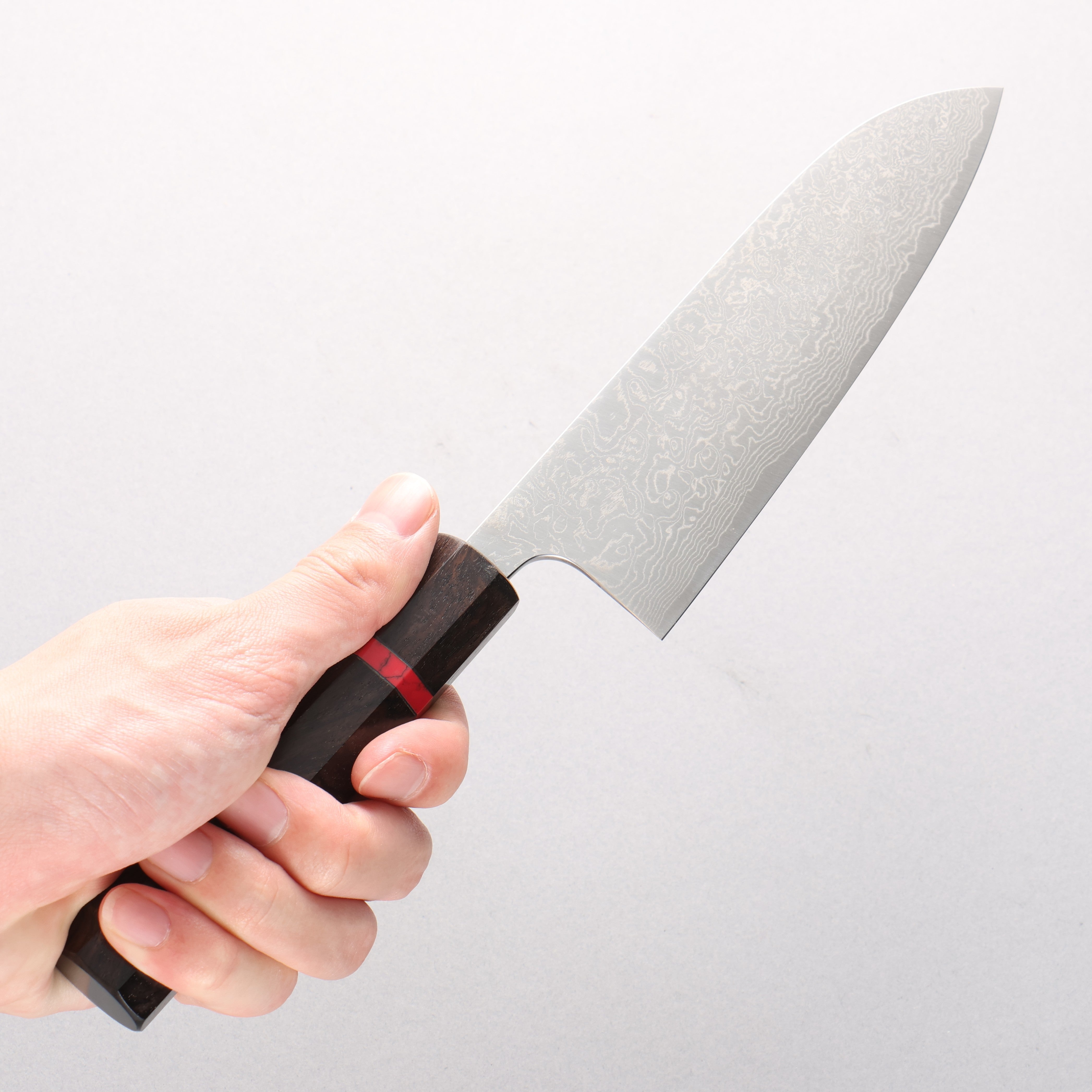 Anryu VG10 Migaki Damascus Small Santoku 150mm Ebony Wood & Red Turquoise Ring Handle - Seisuke Knife