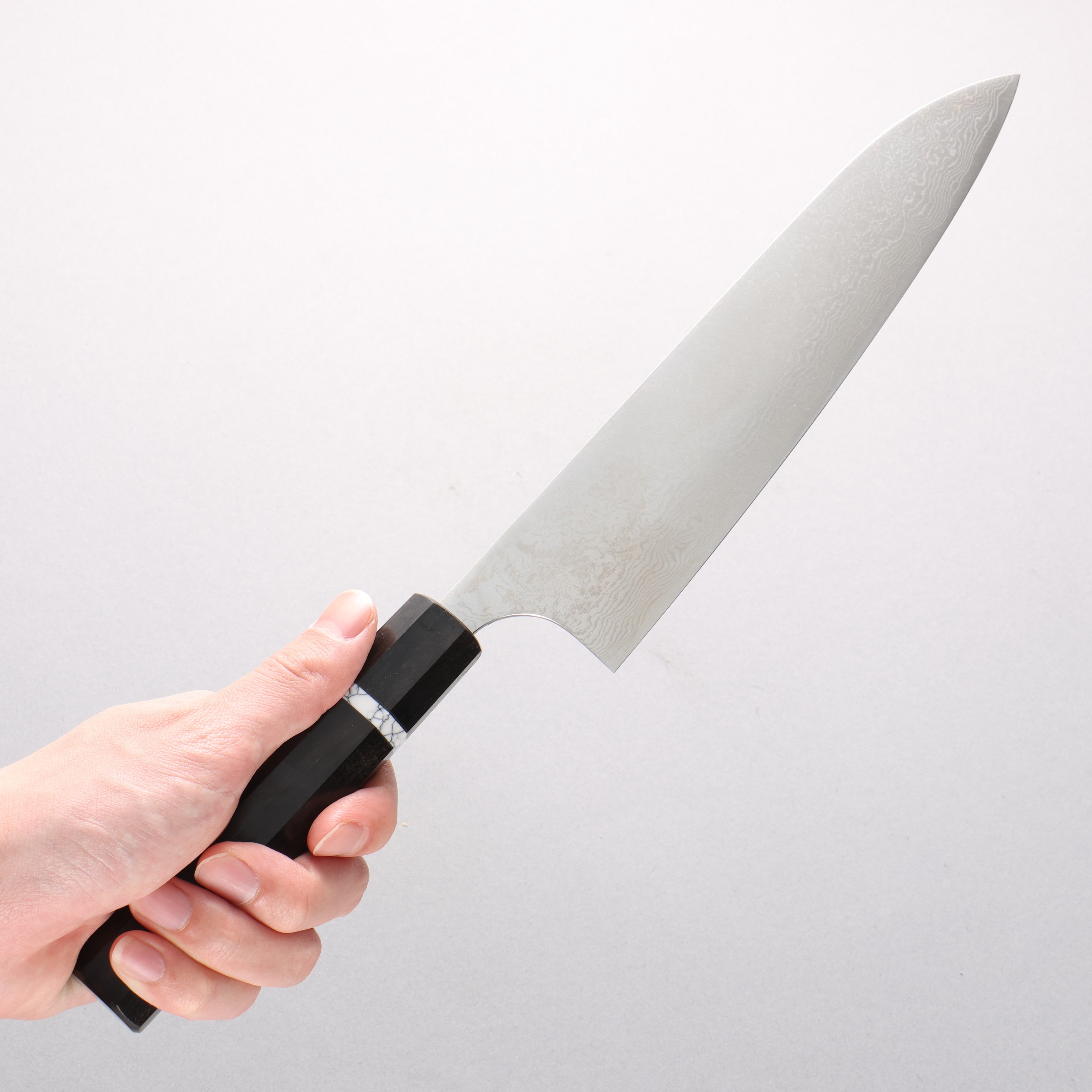 Anryu VG10 Migaki Damascus Gyuto 210mm Ebony Wood & White Turquoise Ring Handle - Seisuke Knife
