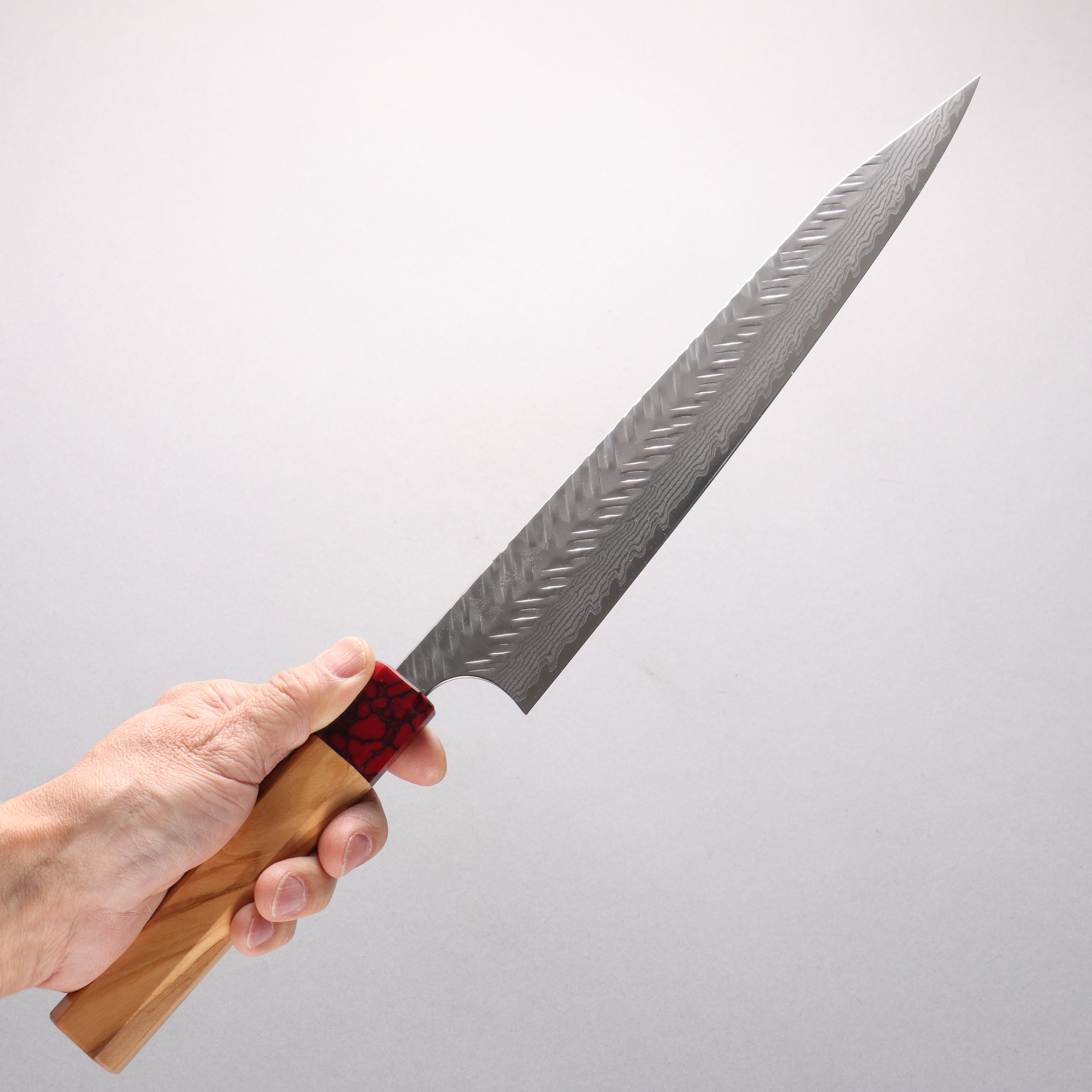 Yoshimi Kato VG-XEOS Damascus V-Hammered Kiritsuke Sujihiki 270mm Olive & Red Turquoise Handle - Seisuke Knife