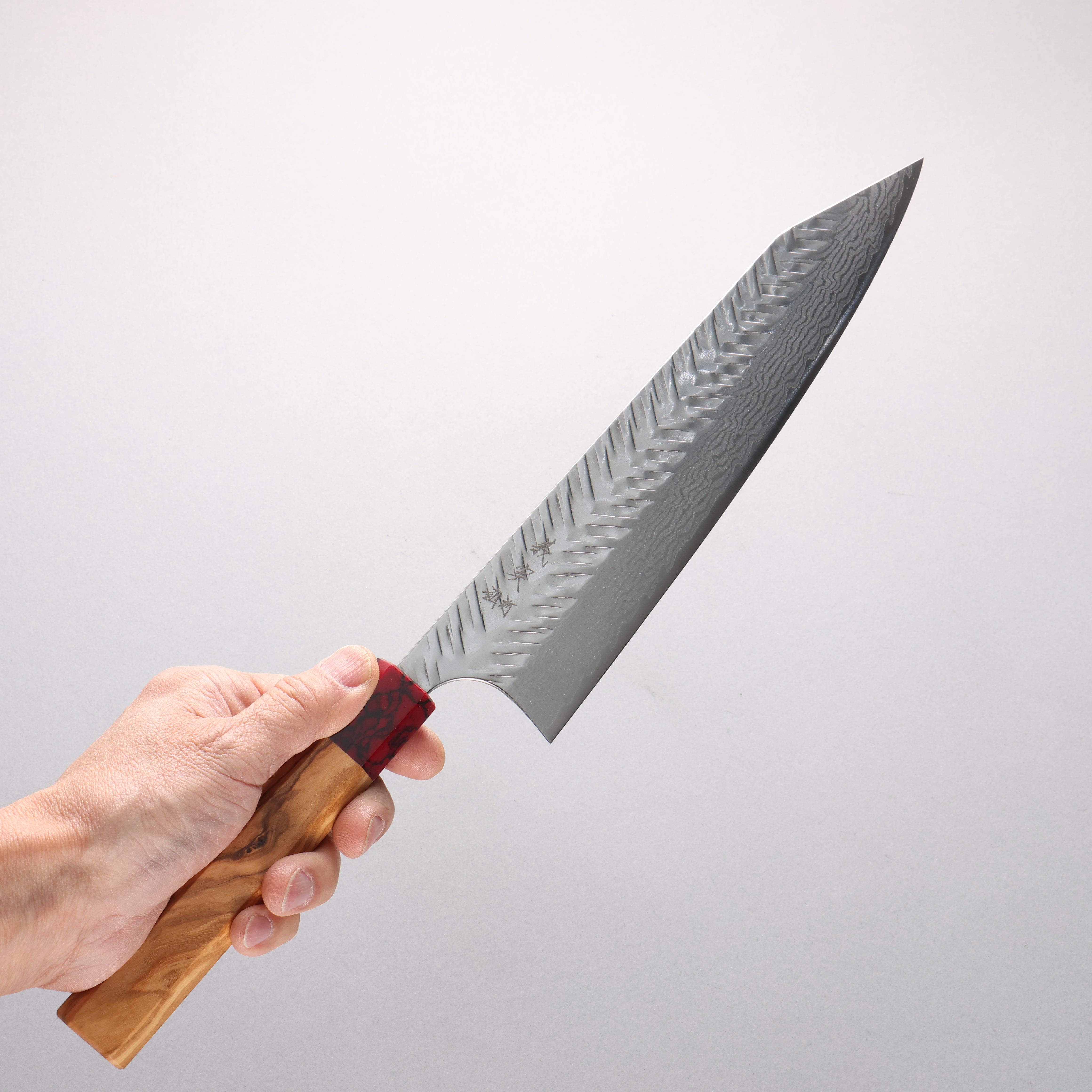Yoshimi Kato VG-XEOS Damascus V-Hammered Kiritsuke Gyuto 240mm Olive Wood & Red Turquoise Handle - Seisuke Knife