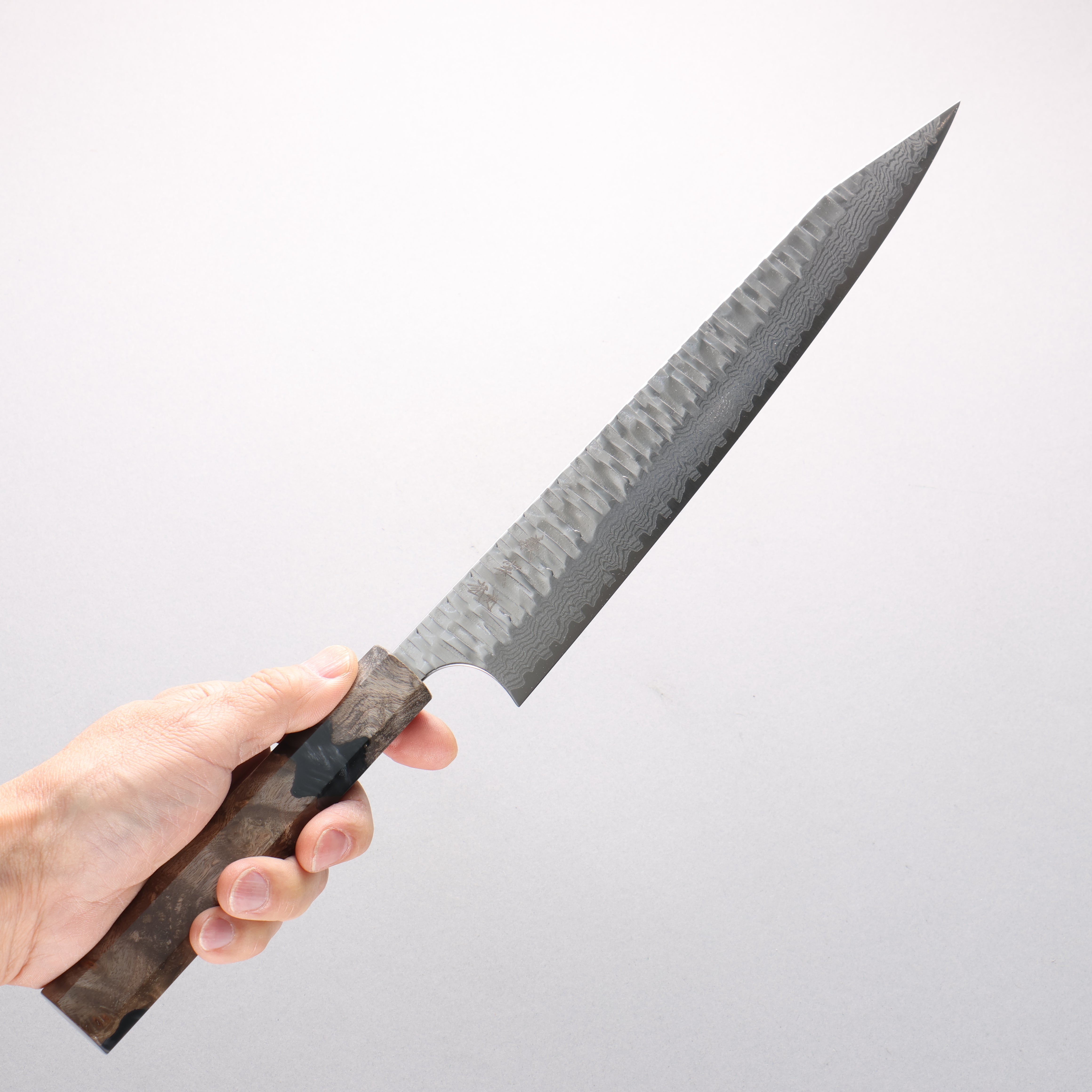 Yoshimi Kato Kasuri VG-XEOS Hammered Damascus Kiritsuke Sujihiki 270mm Stabilized Birch & Black Resin Handle - Seisuke Knife