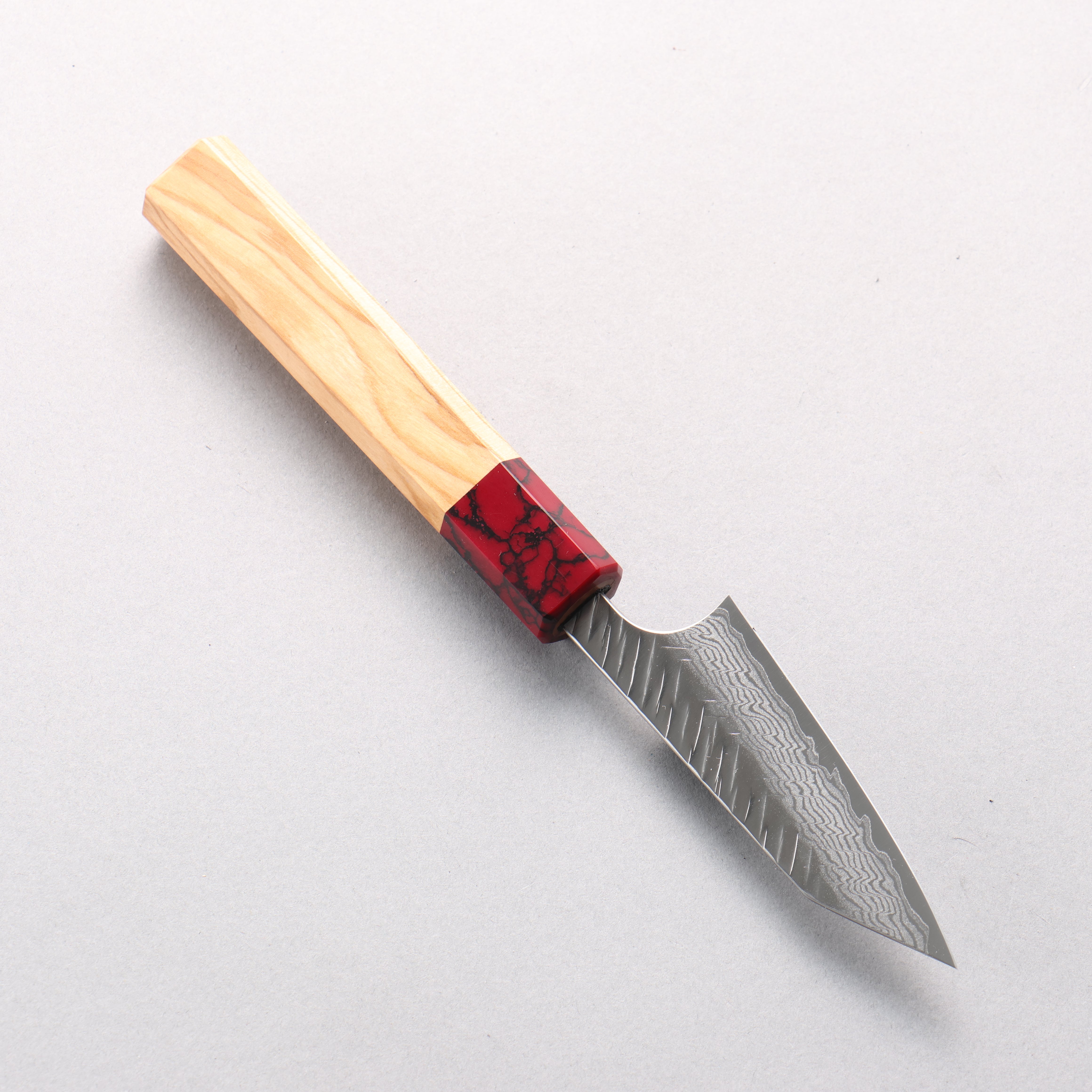 Yoshimi Kato VG-XEOS Damascus V-Hammered Kiritsuke Paring 75mm Olive Wood & Red Turquoise Handle - Seisuke Knife