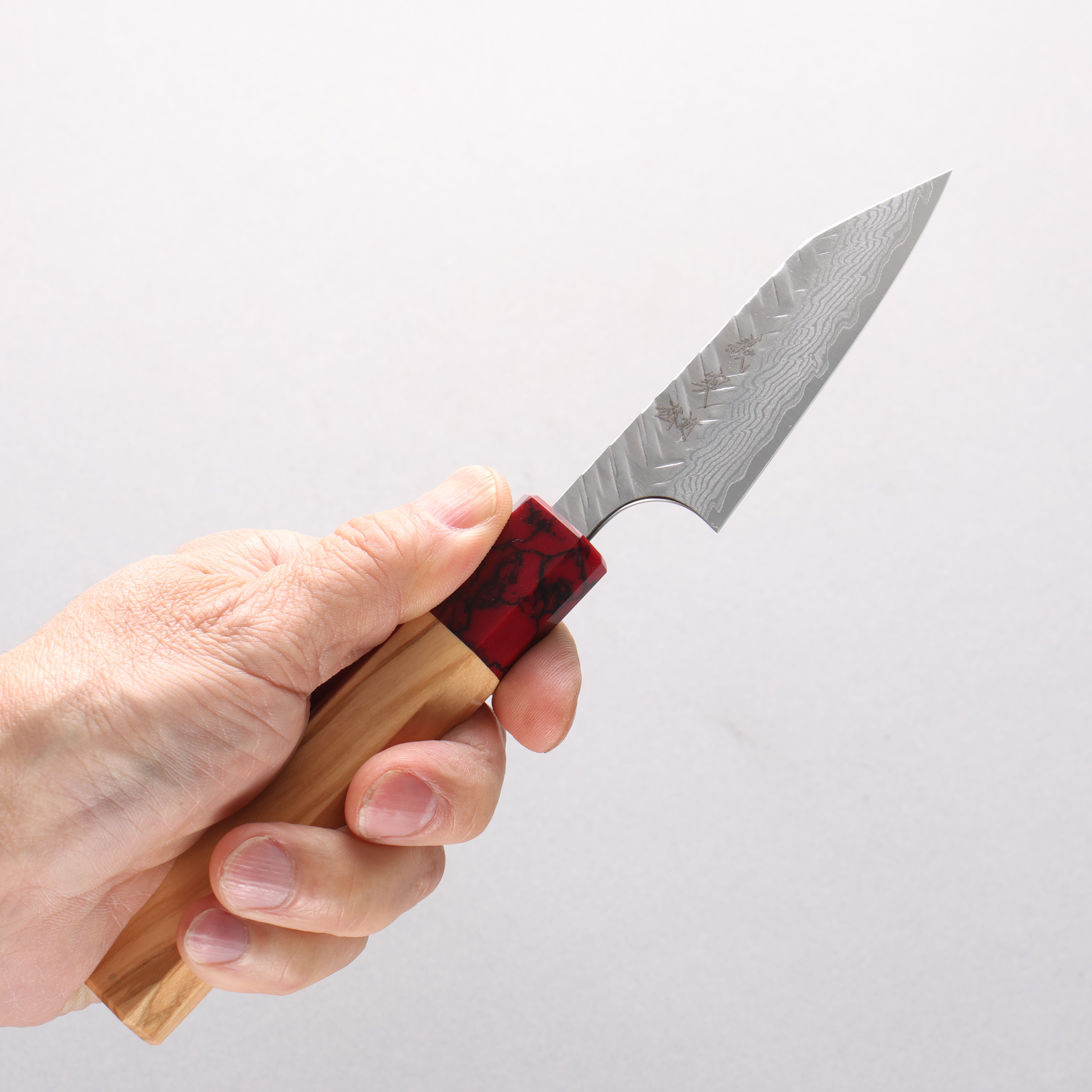 Yoshimi Kato VG-XEOS Damascus V-Hammered Kiritsuke Paring 75mm Olive Wood & Red Turquoise Handle - Seisuke Knife