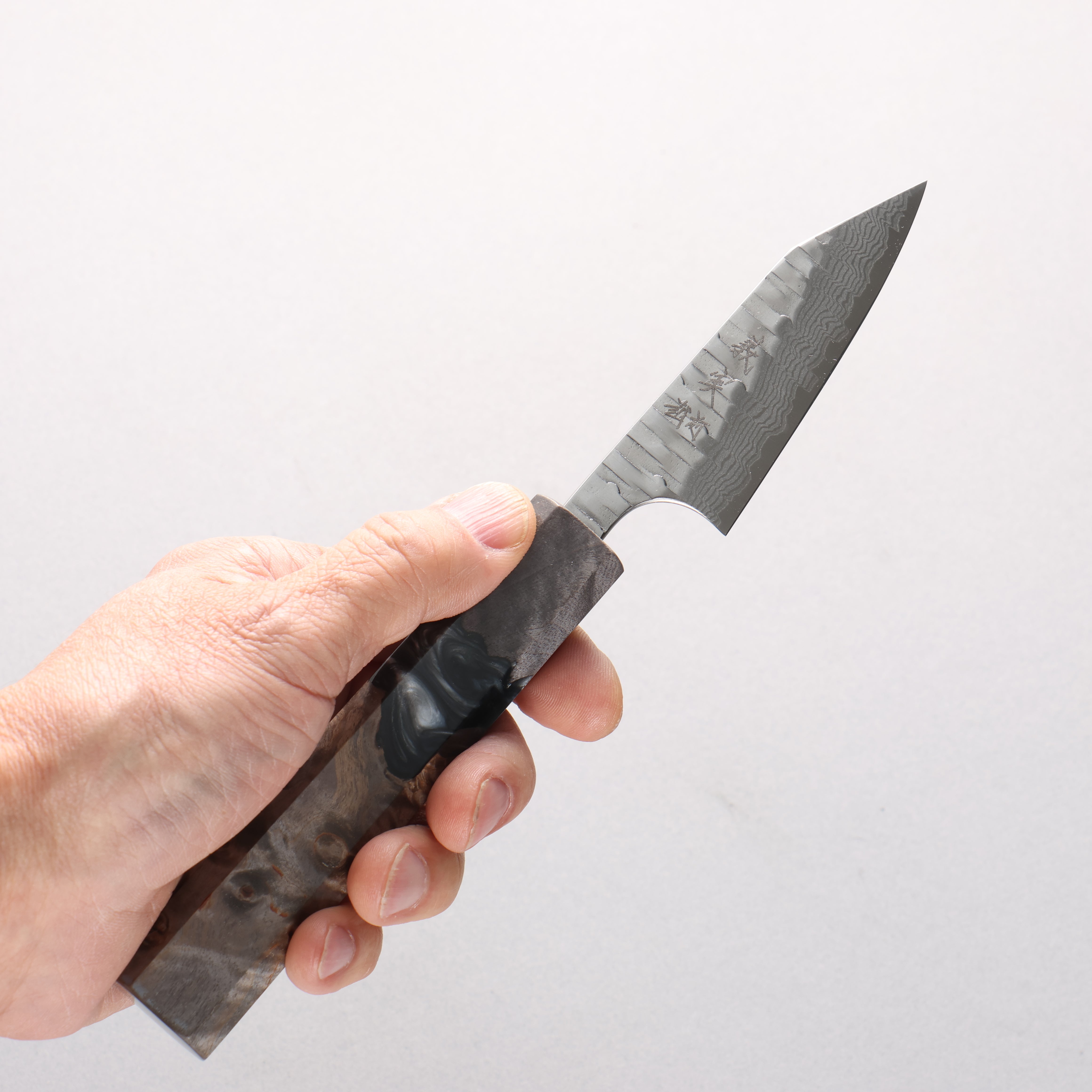Yoshimi Kato Kasuri VG-XEOS Hammered Damascus Kiritsuke Paring 75mm Stabilized Birch & Black Resin Handle - Seisuke Knife