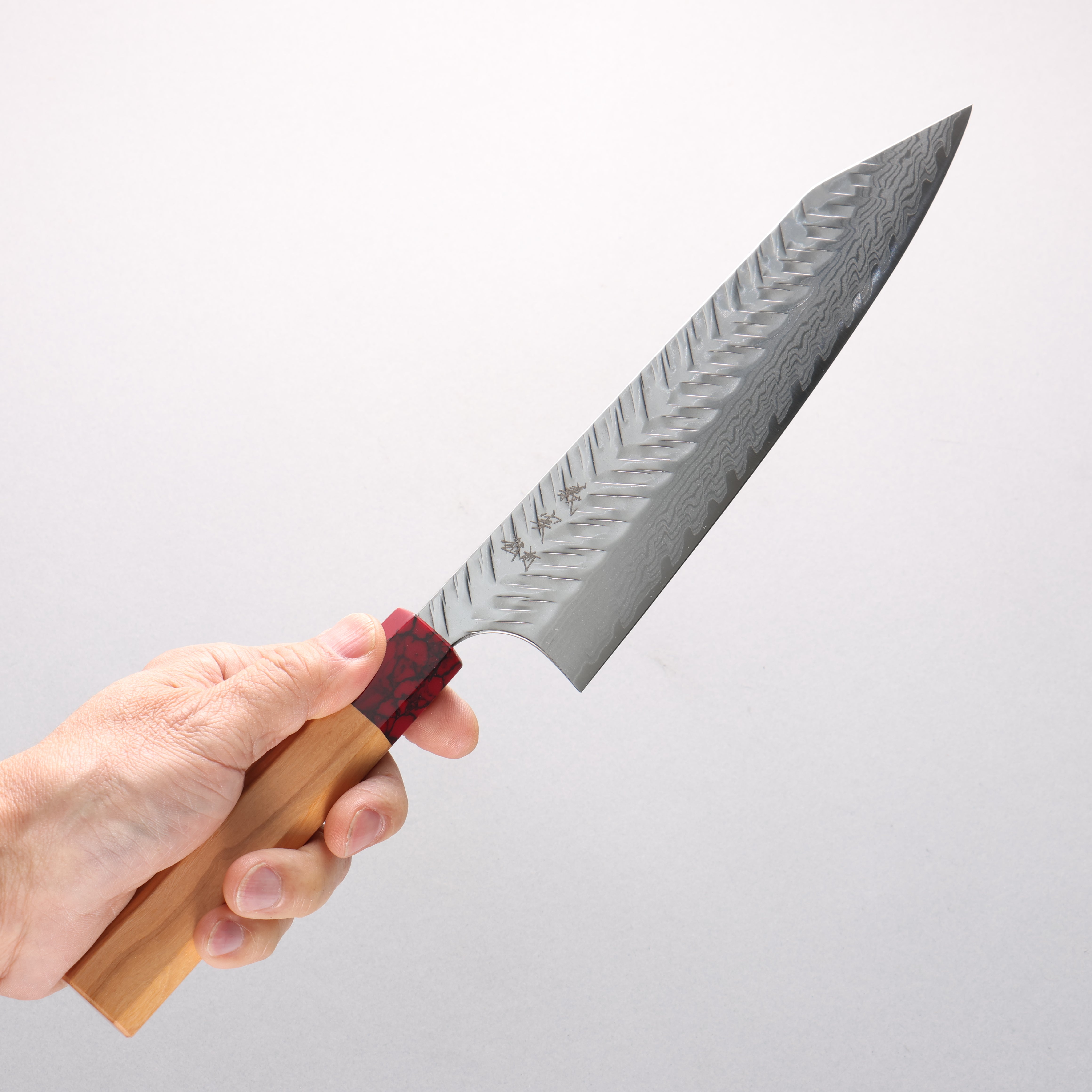 Yoshimi Kato VG-XEOS Damascus V-Hammered Kiritsuke Gyuto 210mm Olive Wood & Red Turquoise Handle - Seisuke Knife