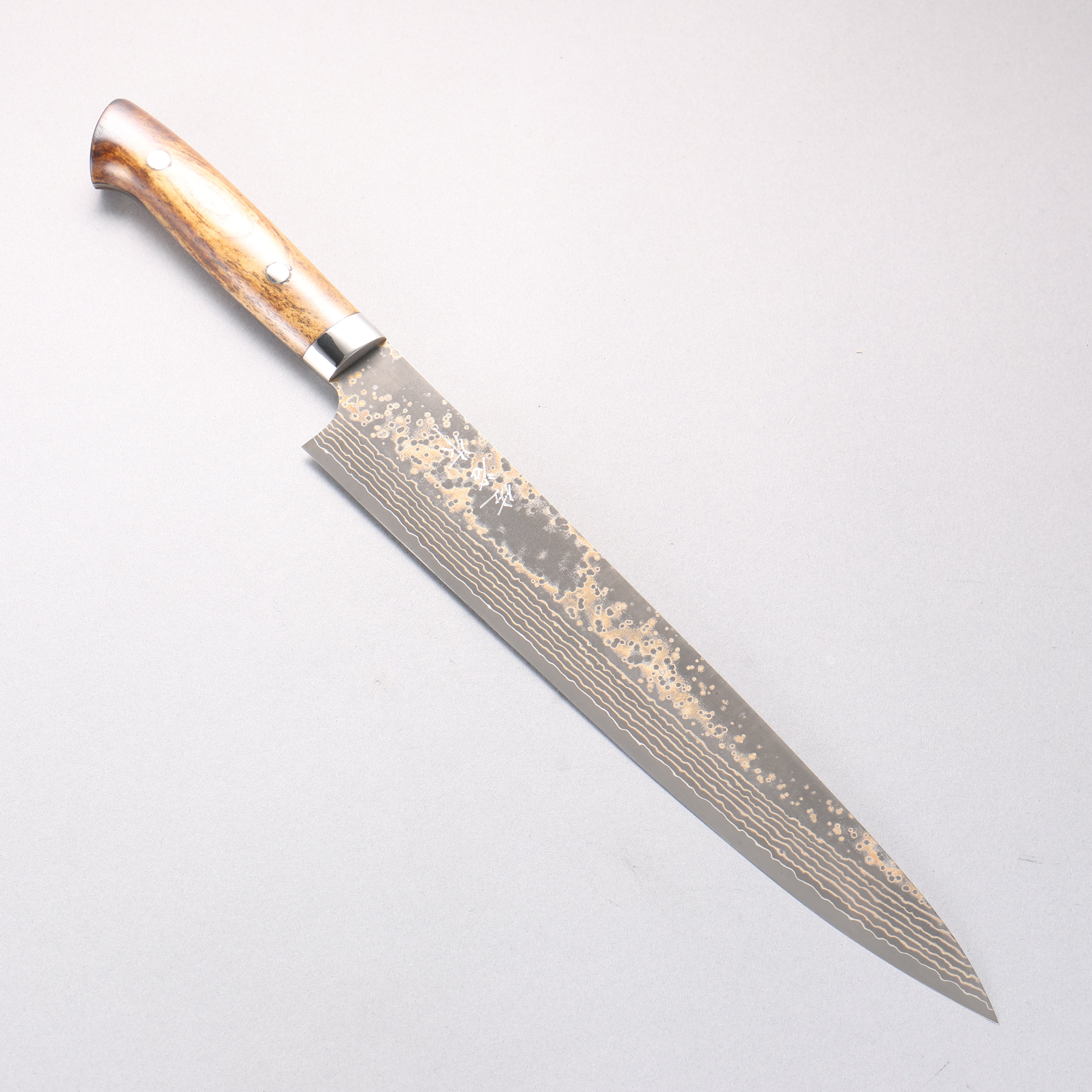 Takeshi Saji VG10w Damascus Gold Colored Sujihiki 270mm Brown Cow Bone Handle - Seisuke Knife