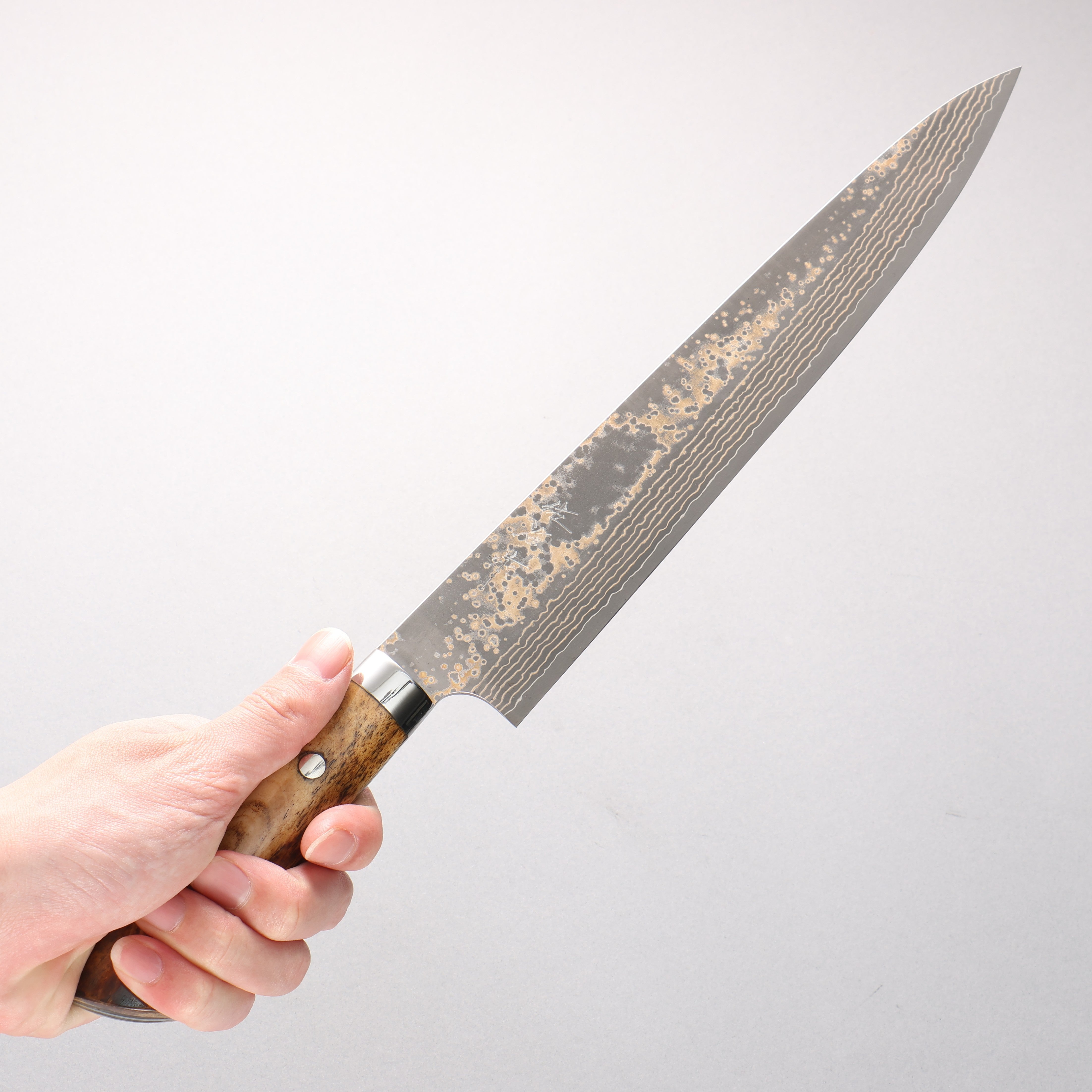 Takeshi Saji VG10w Damascus Gold Colored Sujihiki 270mm Brown Cow Bone Handle - Seisuke Knife