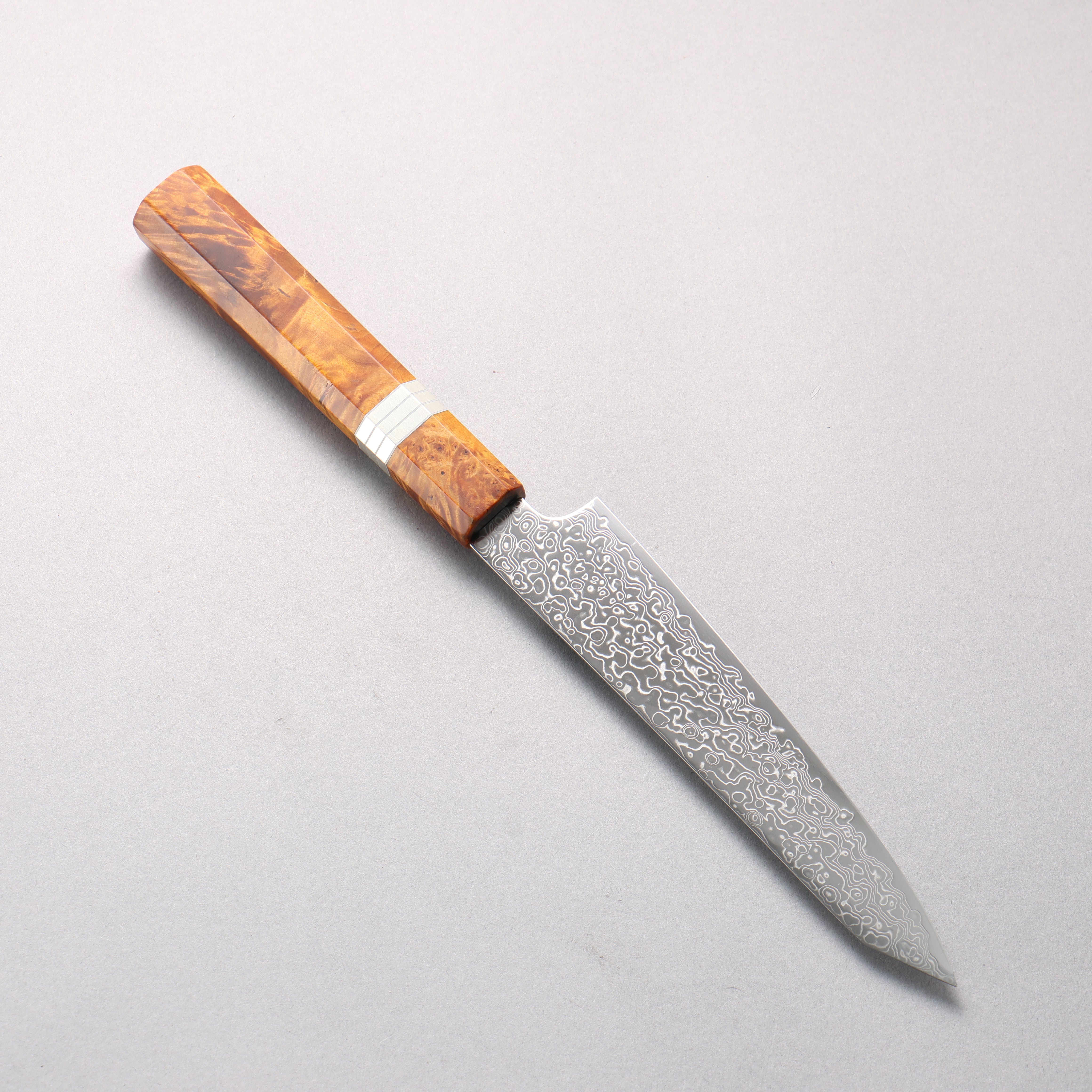 Kanjyo SG2 Damascus Migaki Finished Kiritsuke Petty-Utility 150mm Brown Stabilized Wood (Silver Rings) Handle - Seisuke Knife