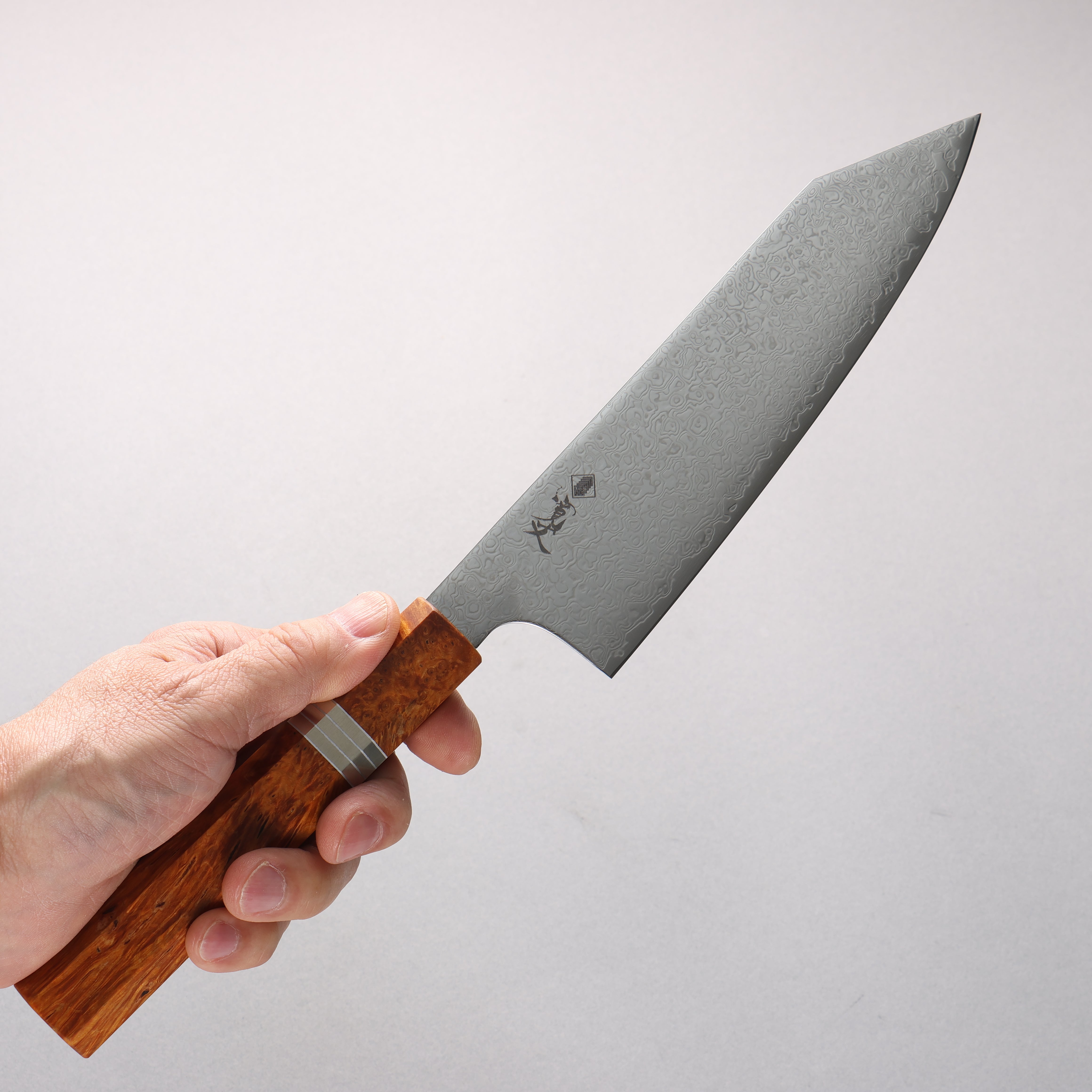 Kanjyo SG2 Damascus Migaki Finished Kiritsuke Santoku 180mm Brown Stabilized Wood (Silver Rings) Handle - Seisuke Knife
