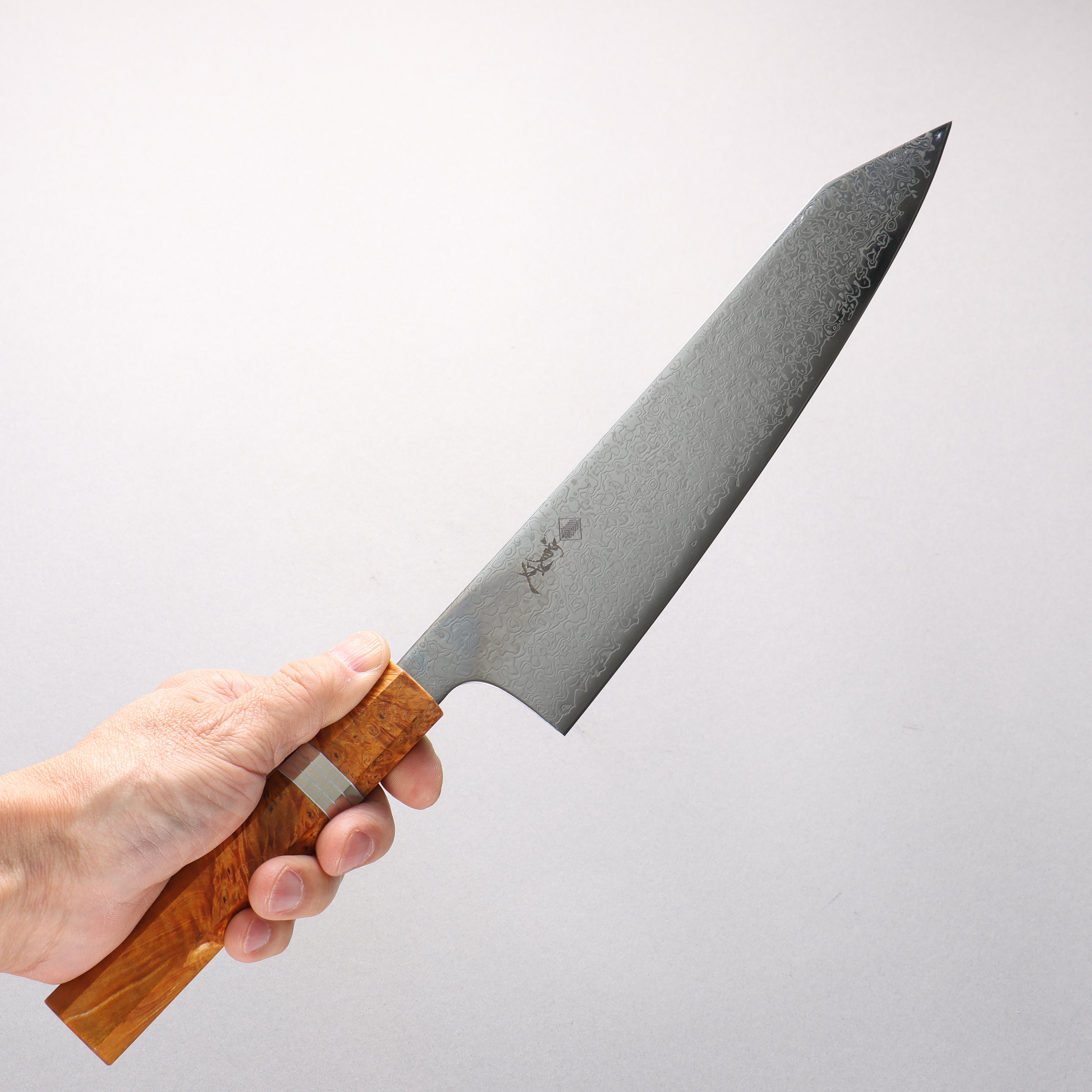 Kanjyo SG2 Damascus Migaki Finished Kiritsuke Gyuto 240mm Brown Stabilized Wood (Silver Rings) Handle - Seisuke Knife