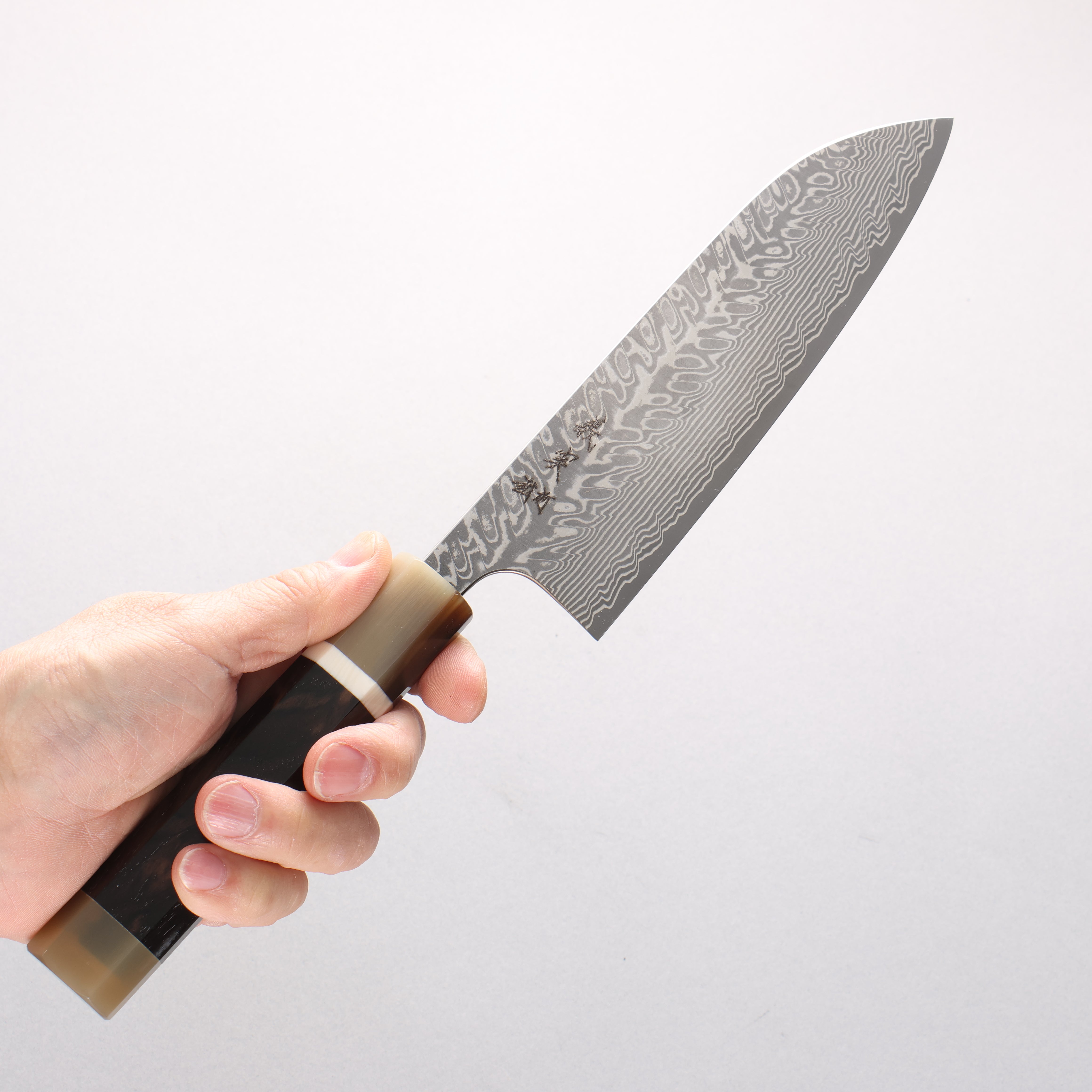Yoshimi Kato SG2 Black Damascus Santoku 170mm African Rosewood (with Double White Buffalo Horn) Handle - Seisuke Knife