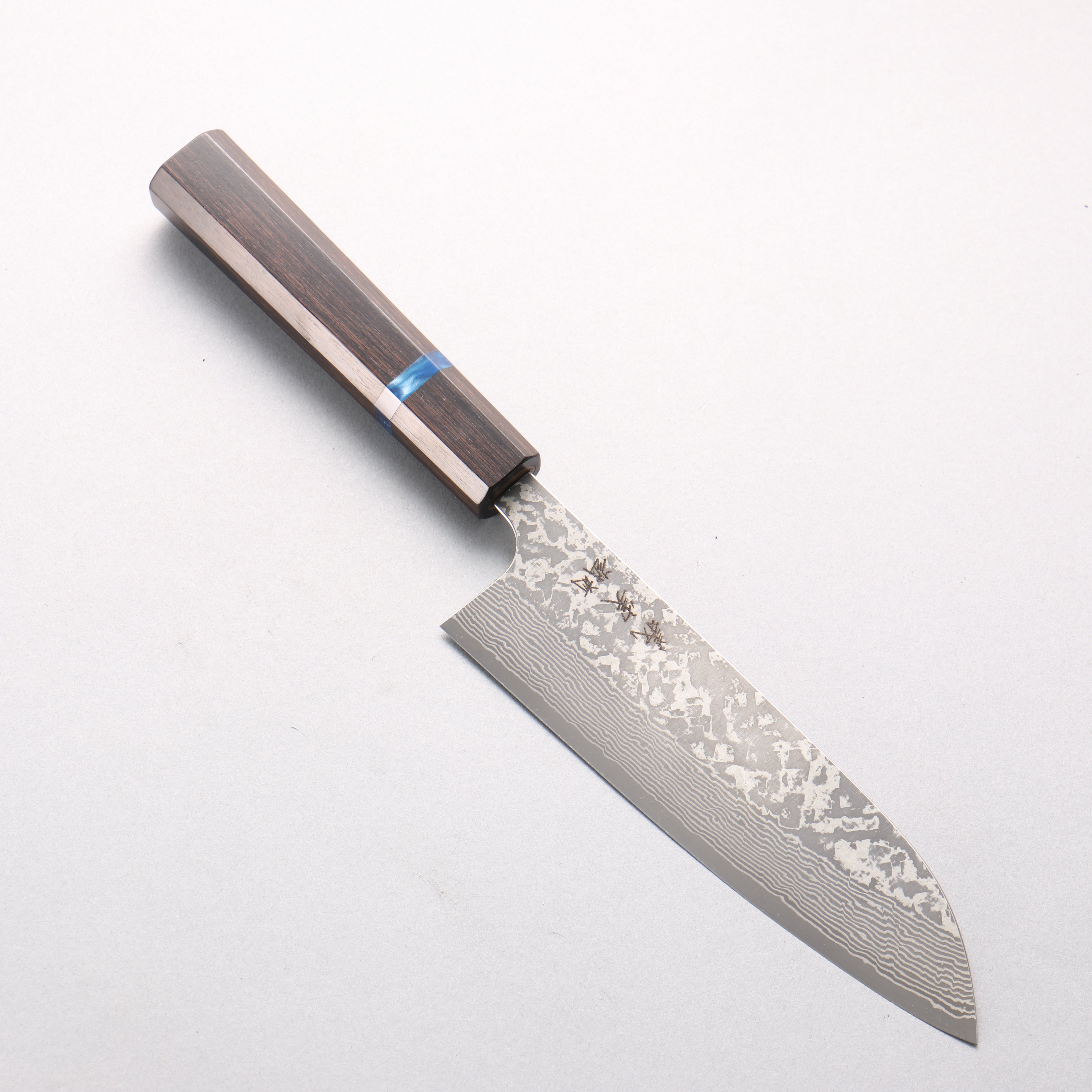 Yoshimi Kato VG10 Black Damascus Santoku 170mm Ebony (Blue Ring) Handle - Seisuke Knife