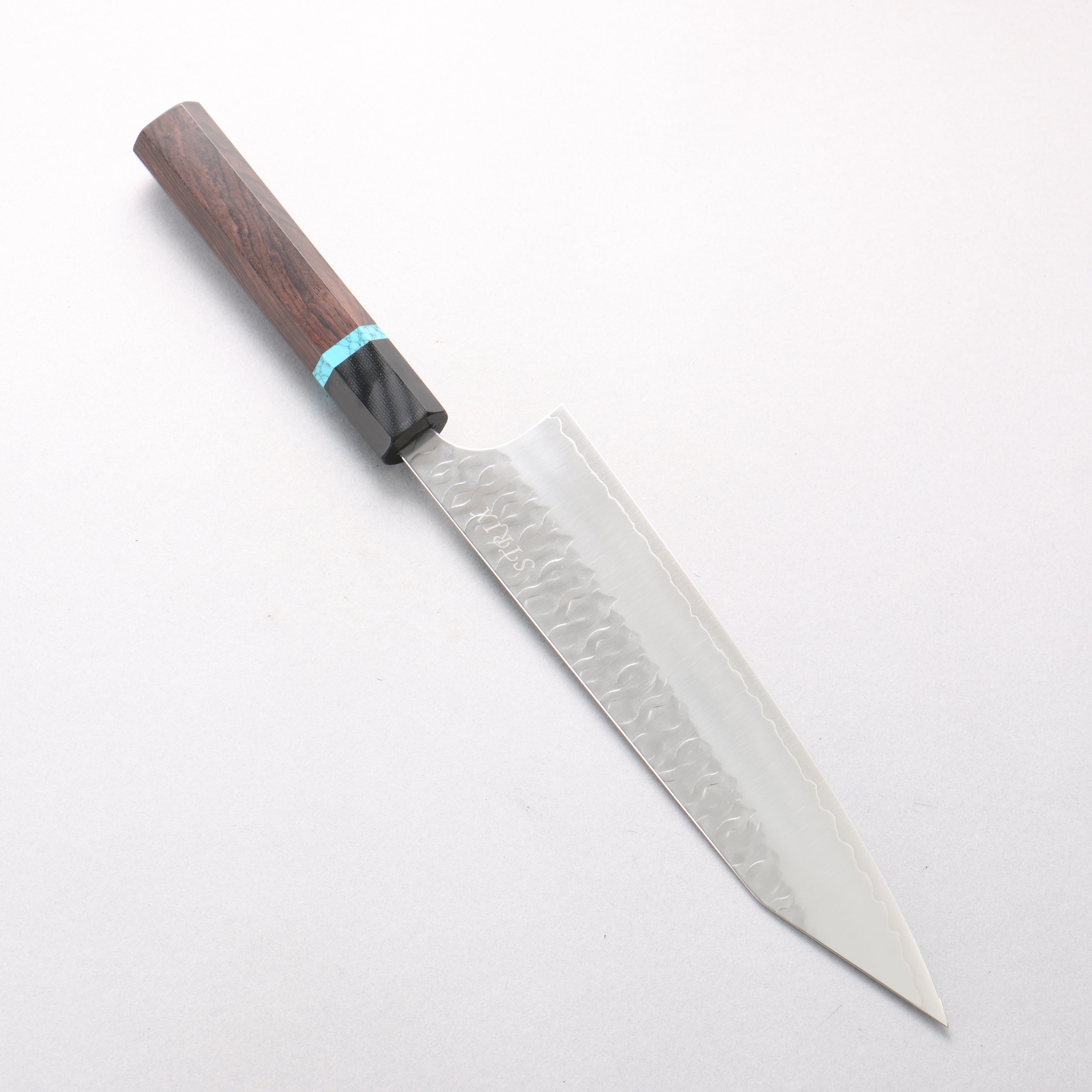 Yoshimi Kato Nami SPG STRIX Hammered Kiritsuke Gyuto 210mm African Rosewood, Blue Turquoise Ring, G10 Handle - Seisuke Knife