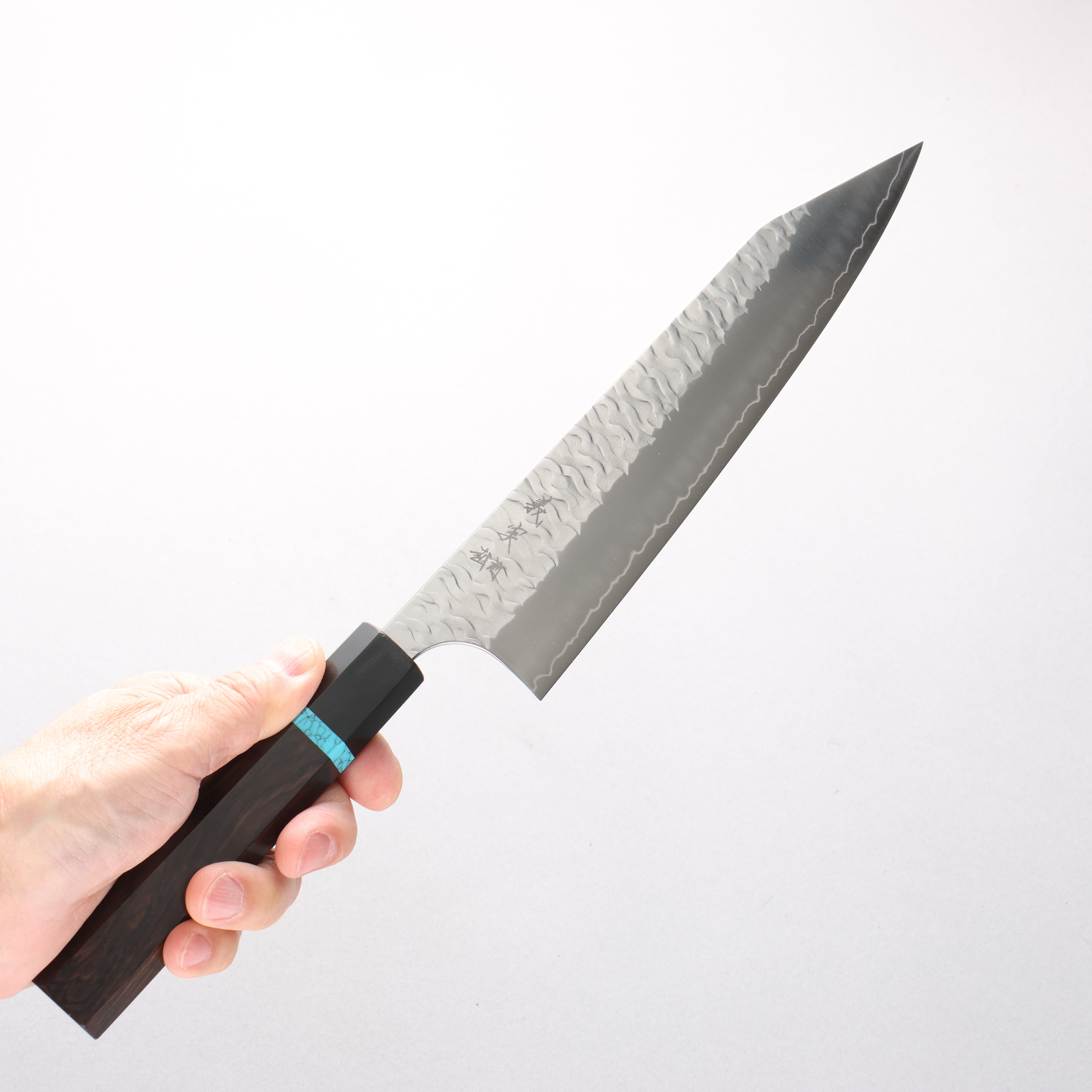 Yoshimi Kato Nami SPG STRIX Hammered Kiritsuke Gyuto 210mm African Rosewood, Blue Turquoise Ring, G10 Handle - Seisuke Knife