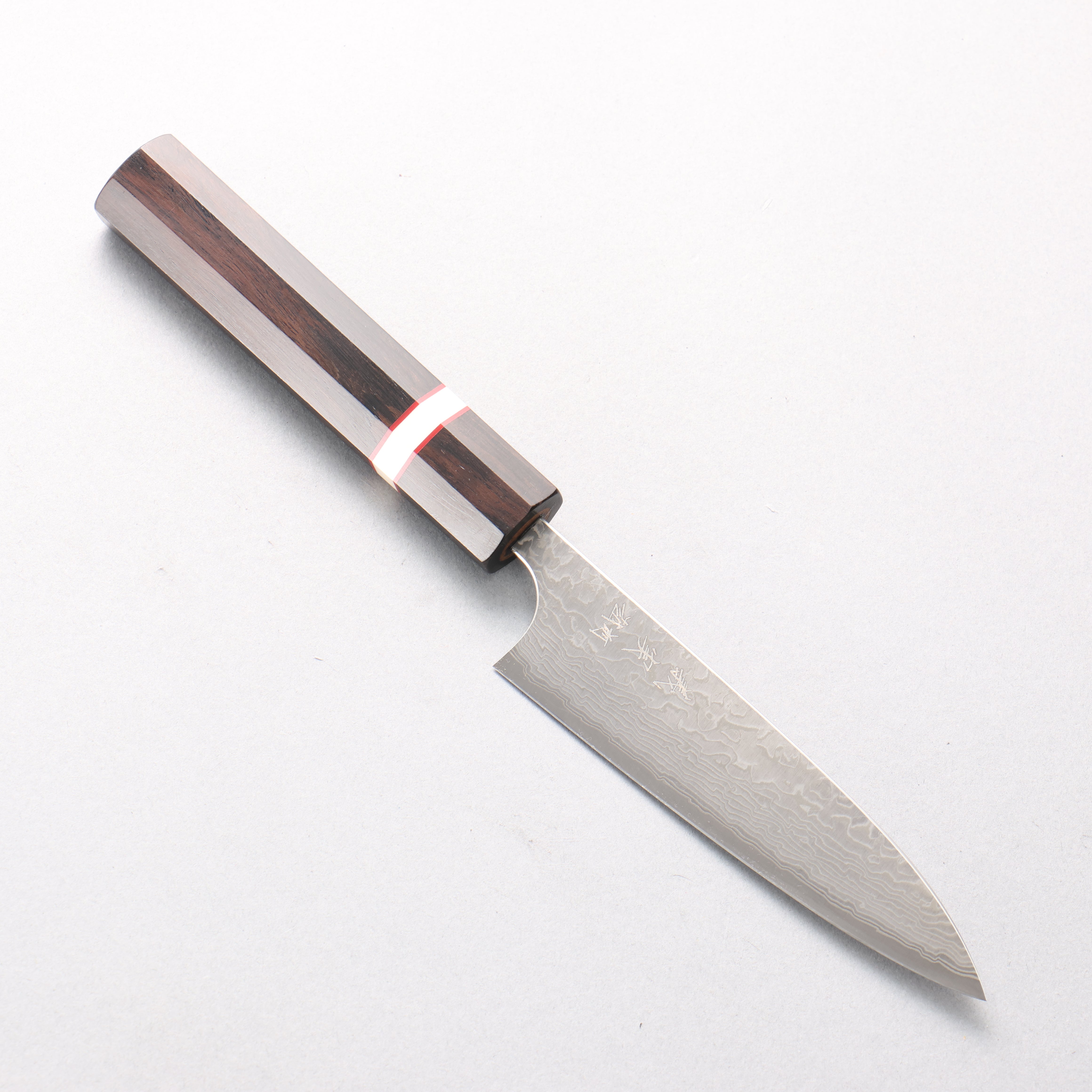 Yoshimi Kato VG10 Black Damascus Petty-Utility 120mm Ebony Wood & White Ring Handle - Seisuke Knife