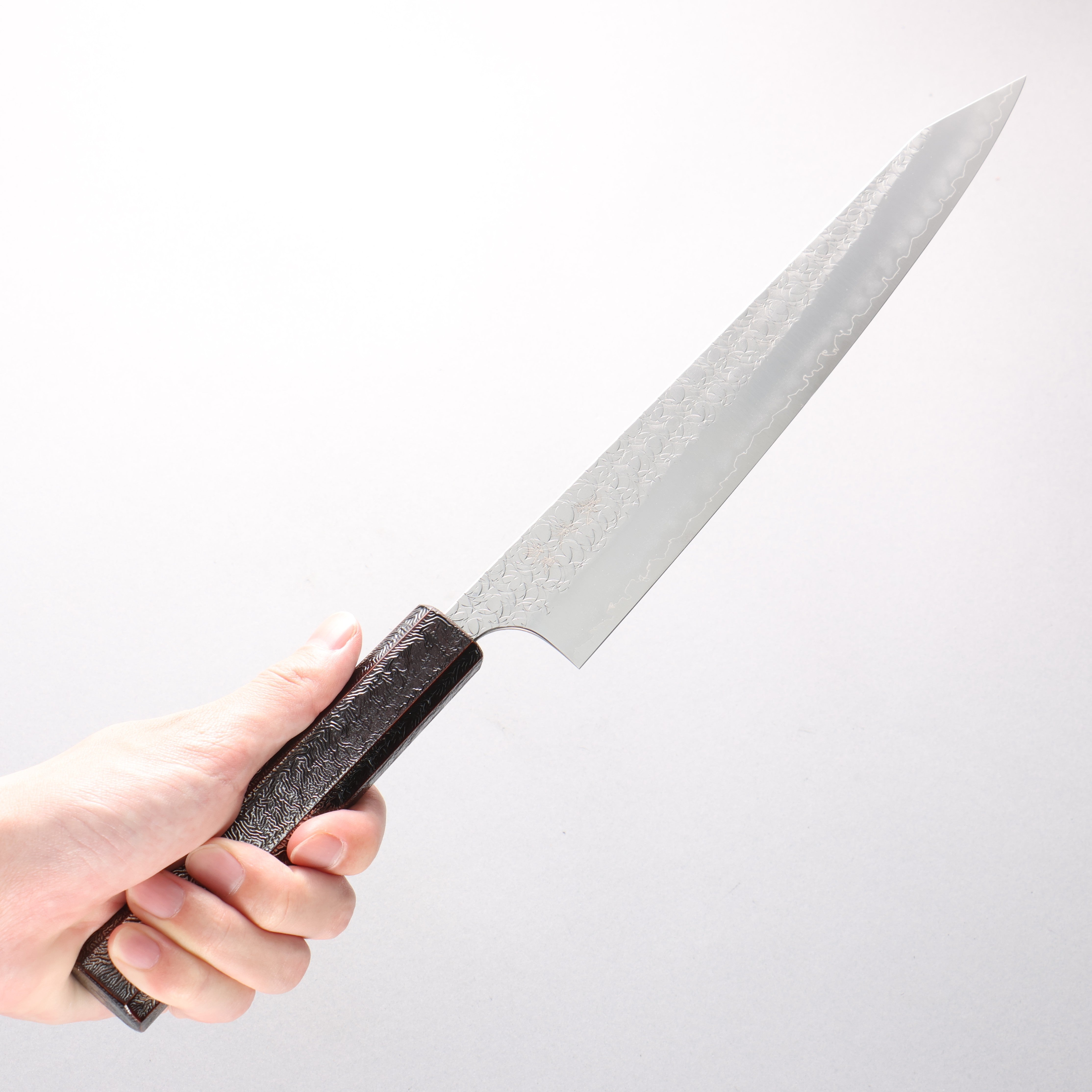 Yoshimi Kato Minamo SG2 Hammered Kiritsuke Sujihiki 270mm Black Silver Lacquered Oak Handle - Seisuke Knife