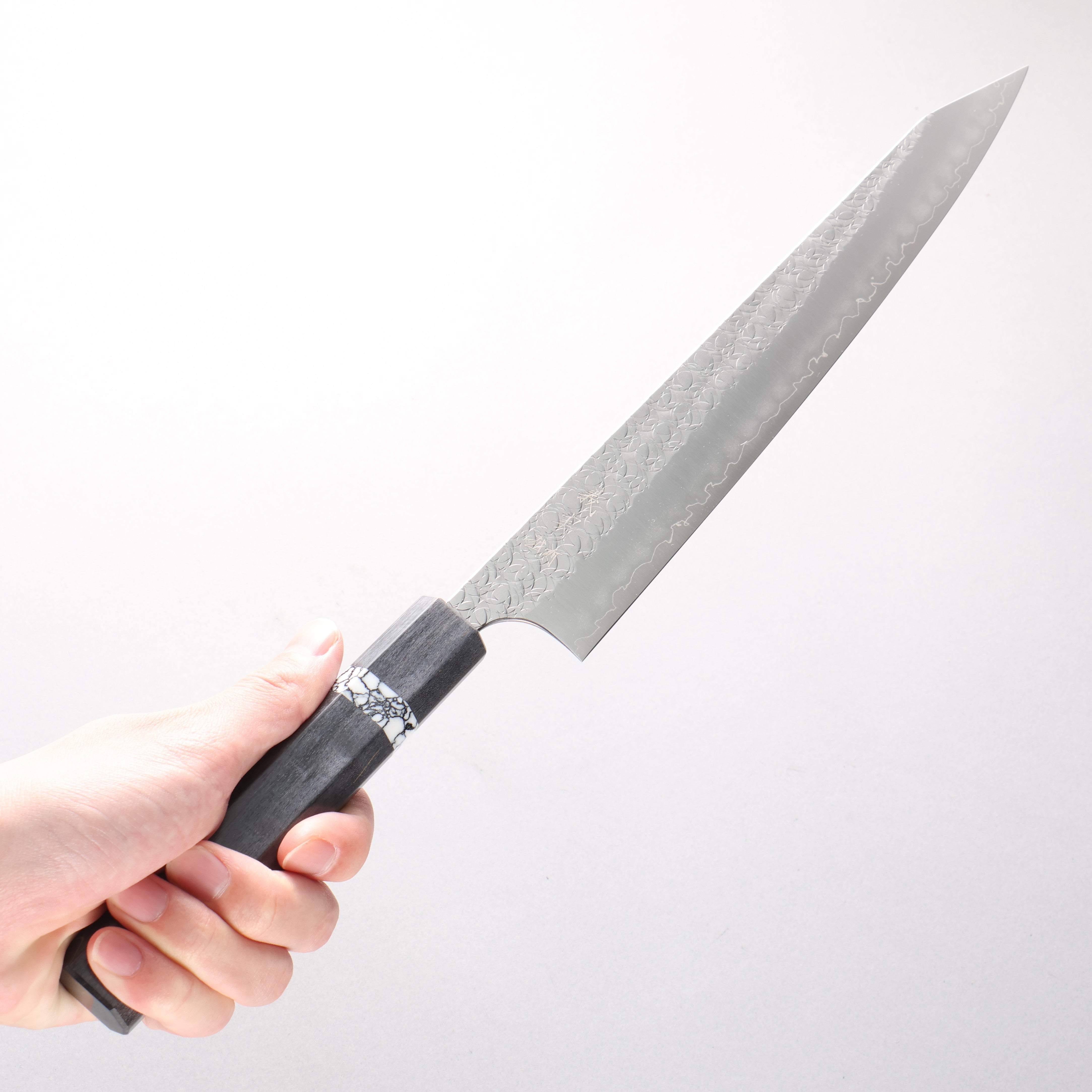 Yoshimi Kato Minamo SG2 Hammered Kiritsuke Sujihiki 270mm Black Stabilized Wood & White Turquoise Ring Handle - Seisuke Knife