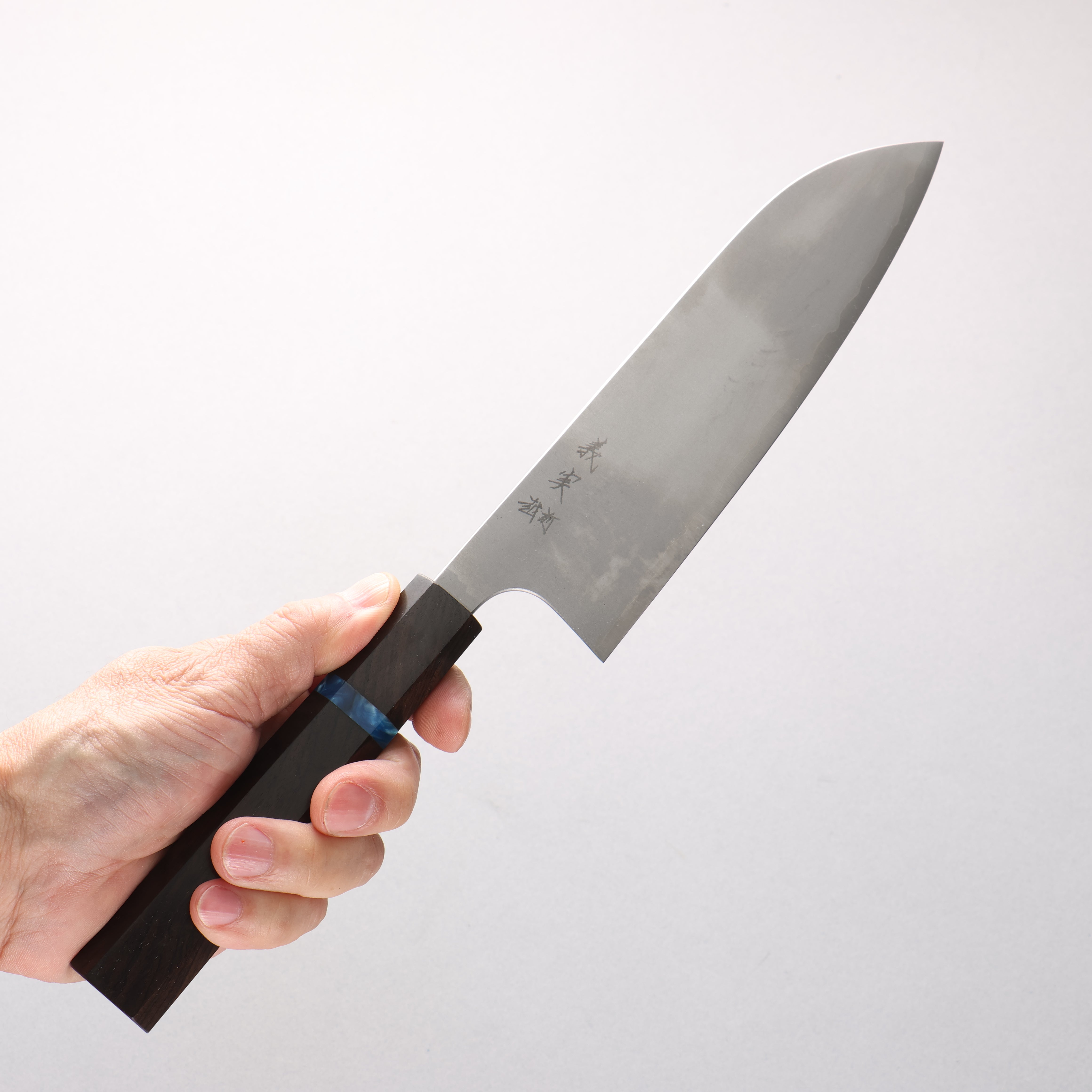 Yoshimi Kato White Steel Kasumitogi Santoku 170mm Ebony (Blue Ring) Handle