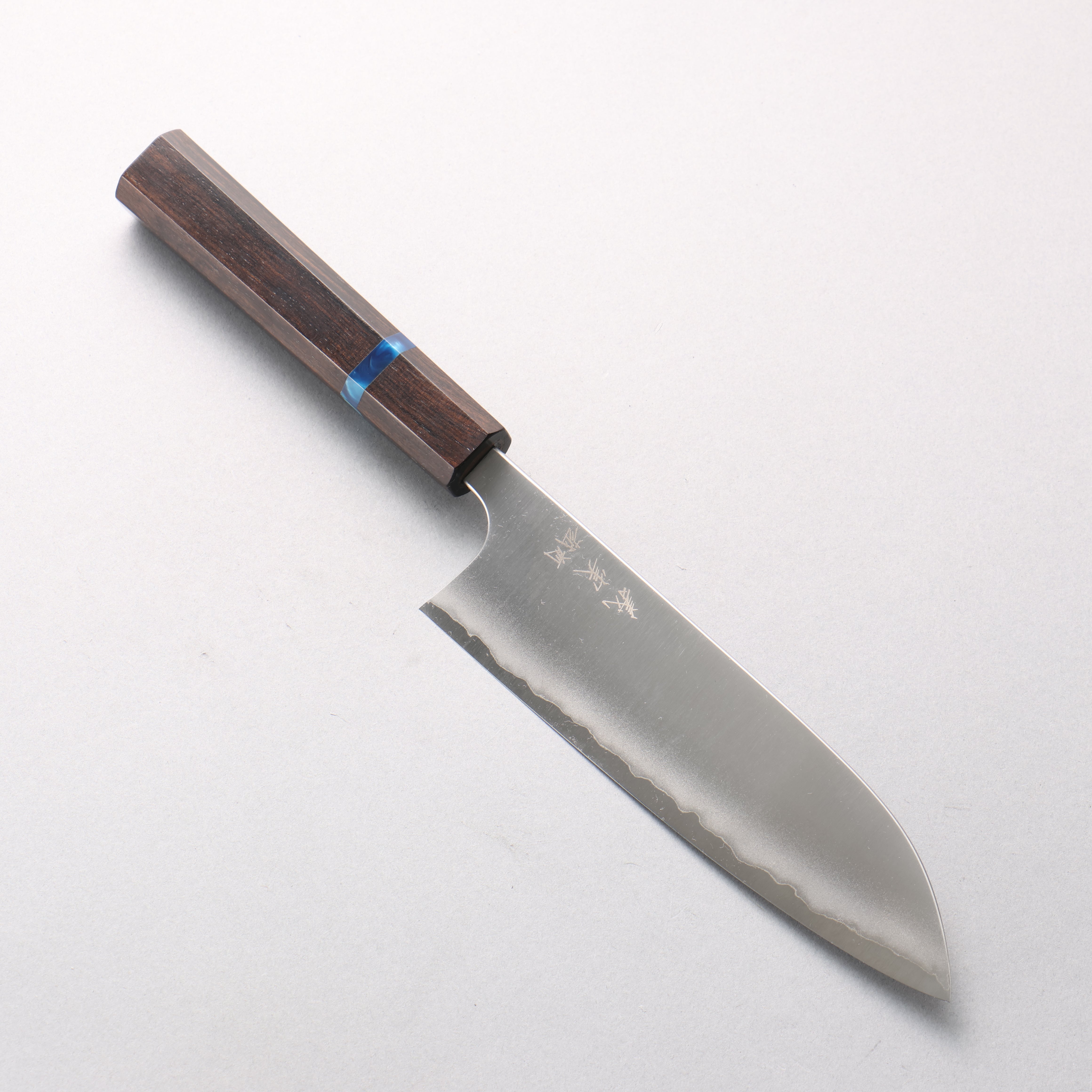 Yoshimi Kato White Steel Migaki Finished Santoku 170mm Ebony (Blue Ring) Handle