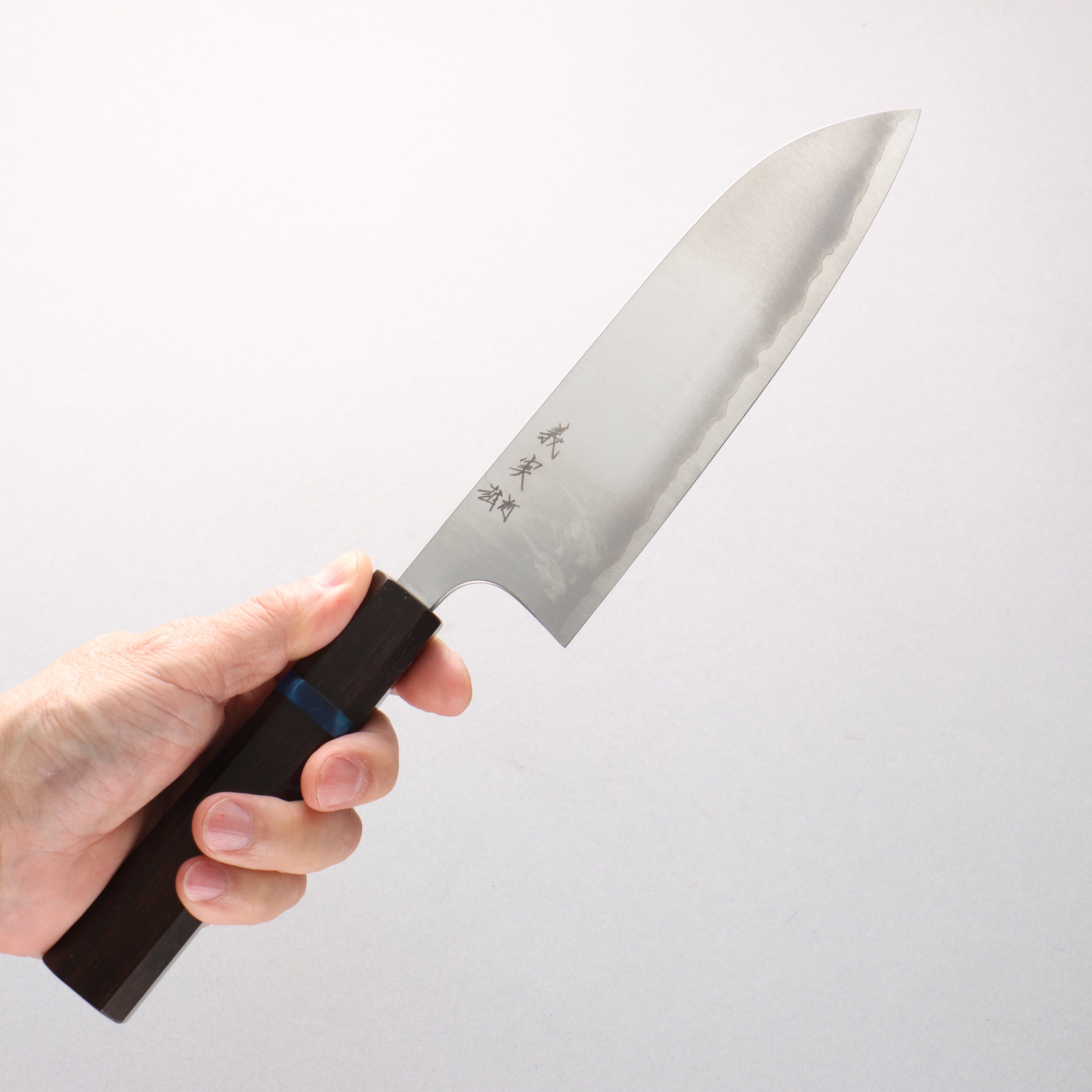 Yoshimi Kato White Steel Migaki Finished Santoku 170mm Ebony (Blue Ring) Handle