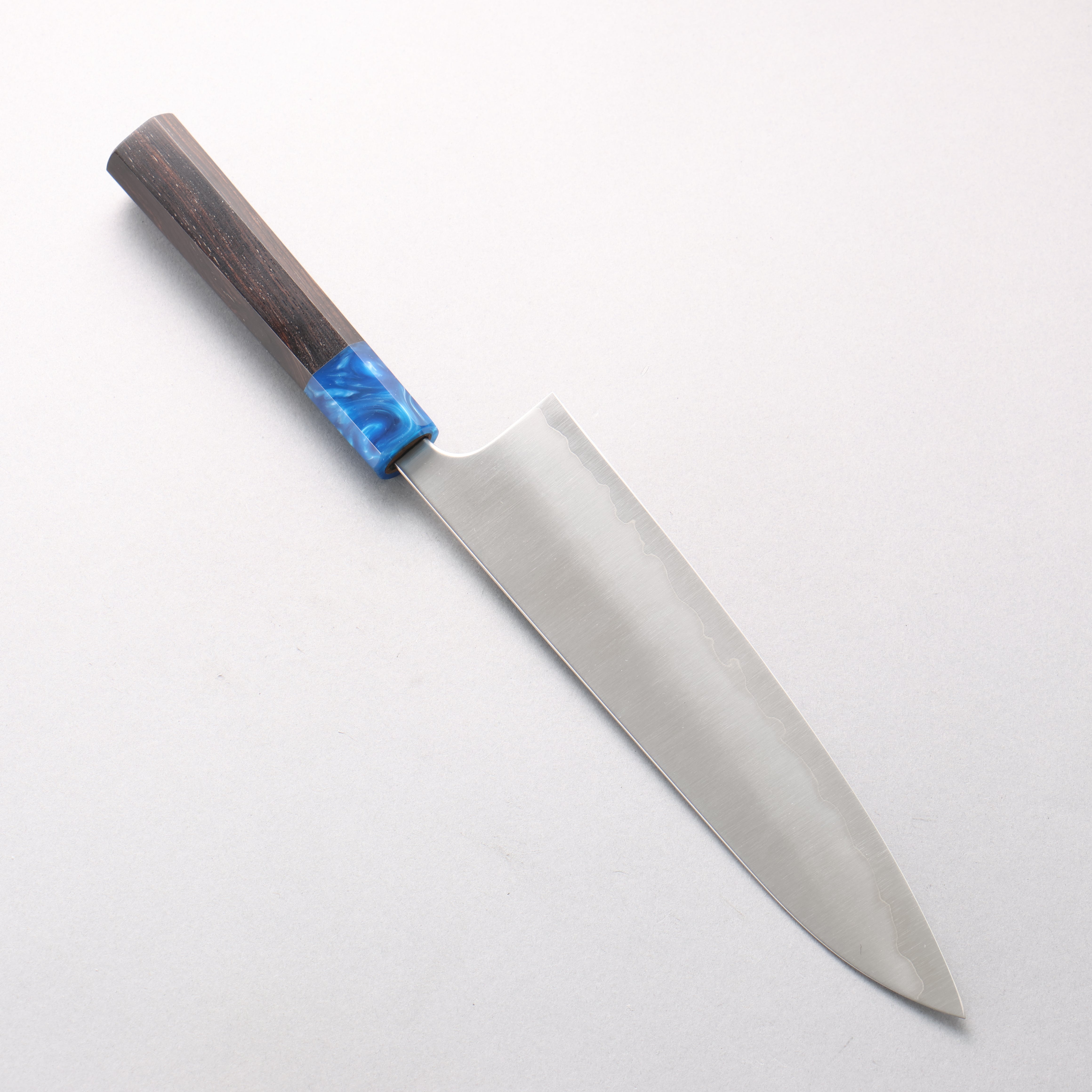 Yoshimi Kato White Steel Migaki Finished Gyuto 210mm Ebony (ferrule: Blue Marble Resin) Handle