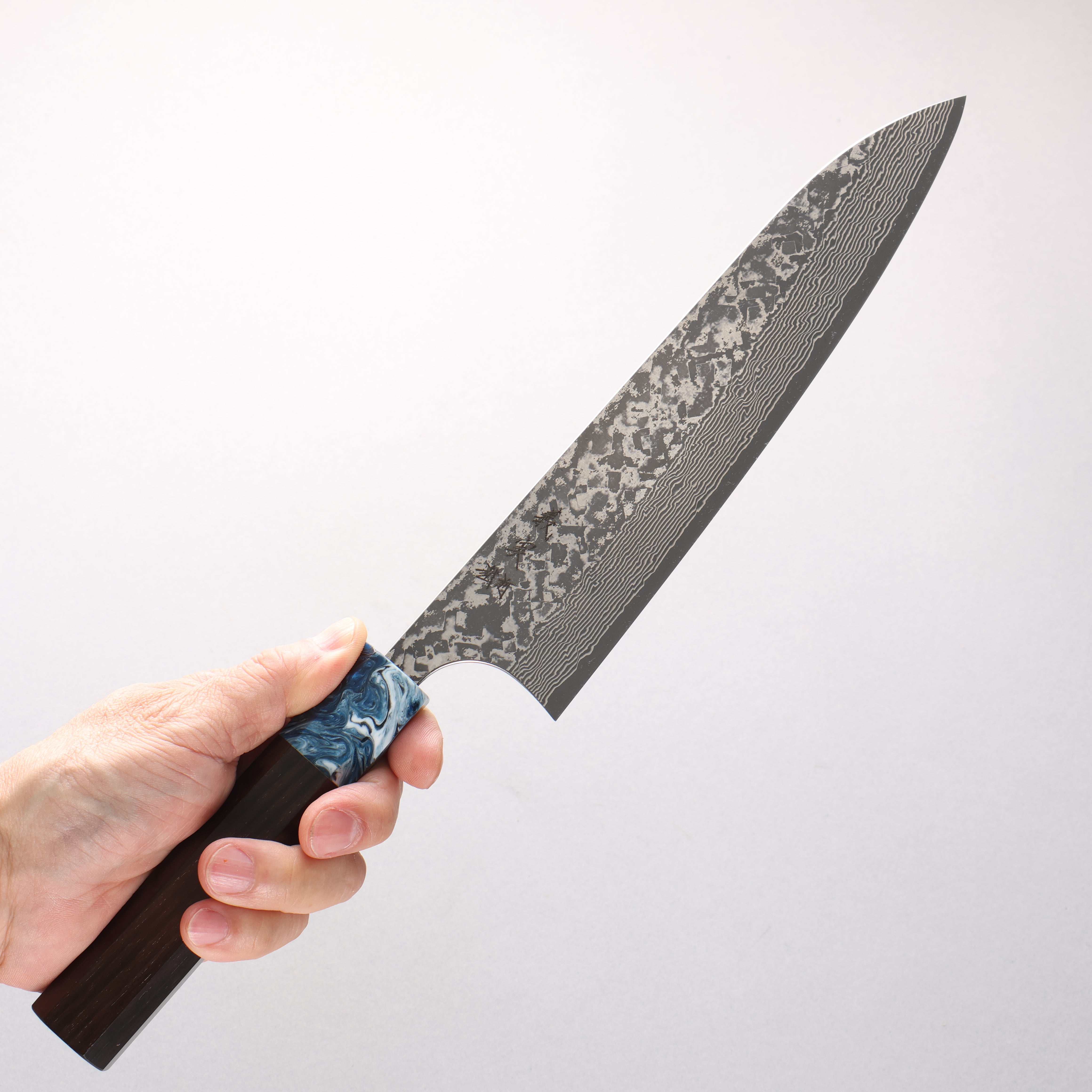 Yoshimi Kato VG10 Black Damascus Gyuto 210mm Ebony (ferrule: Blue Marble Resin) Handle