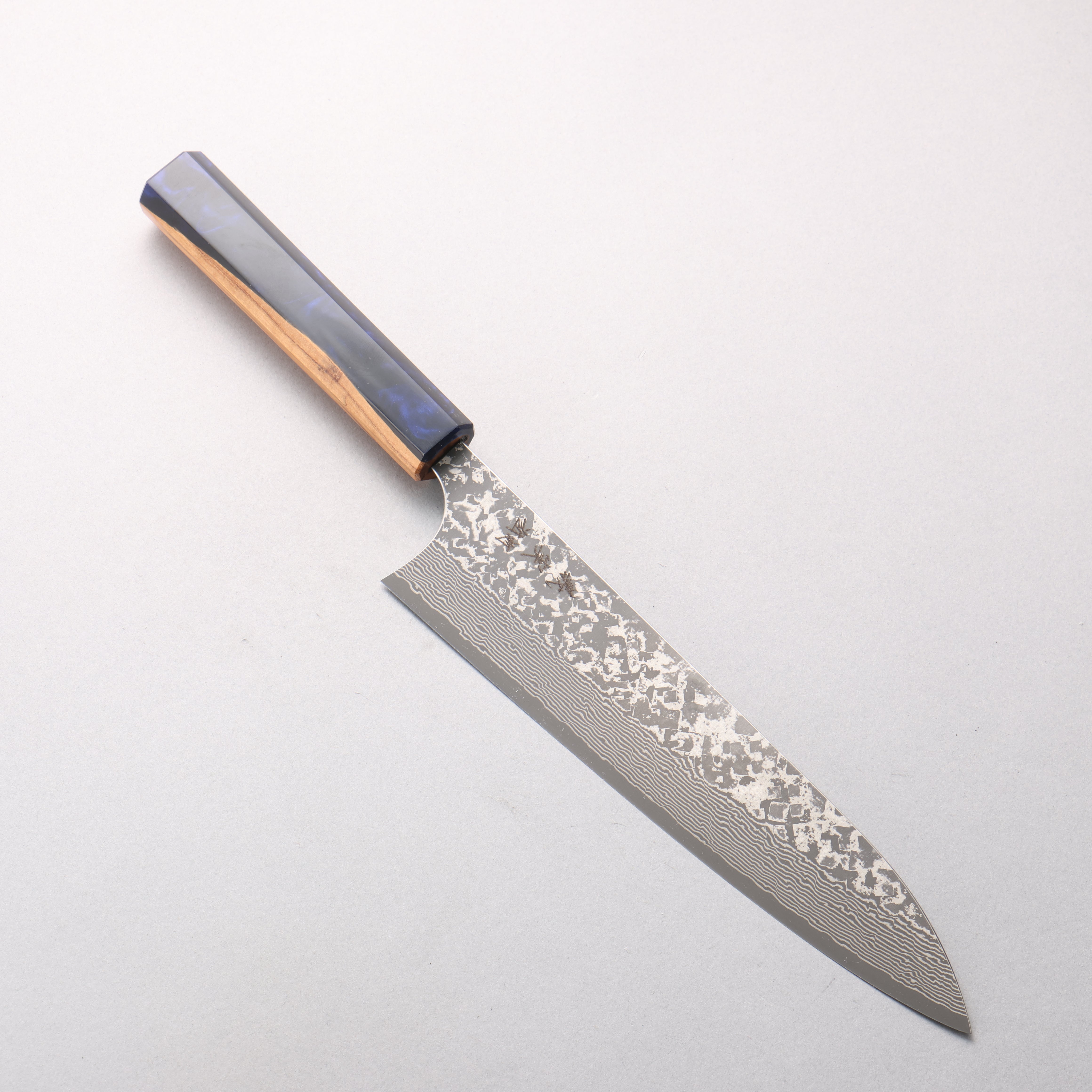 Yoshimi Kato VG10 Black Damascus Gyuto 210mm Olive Tree and Blue Resin Handle